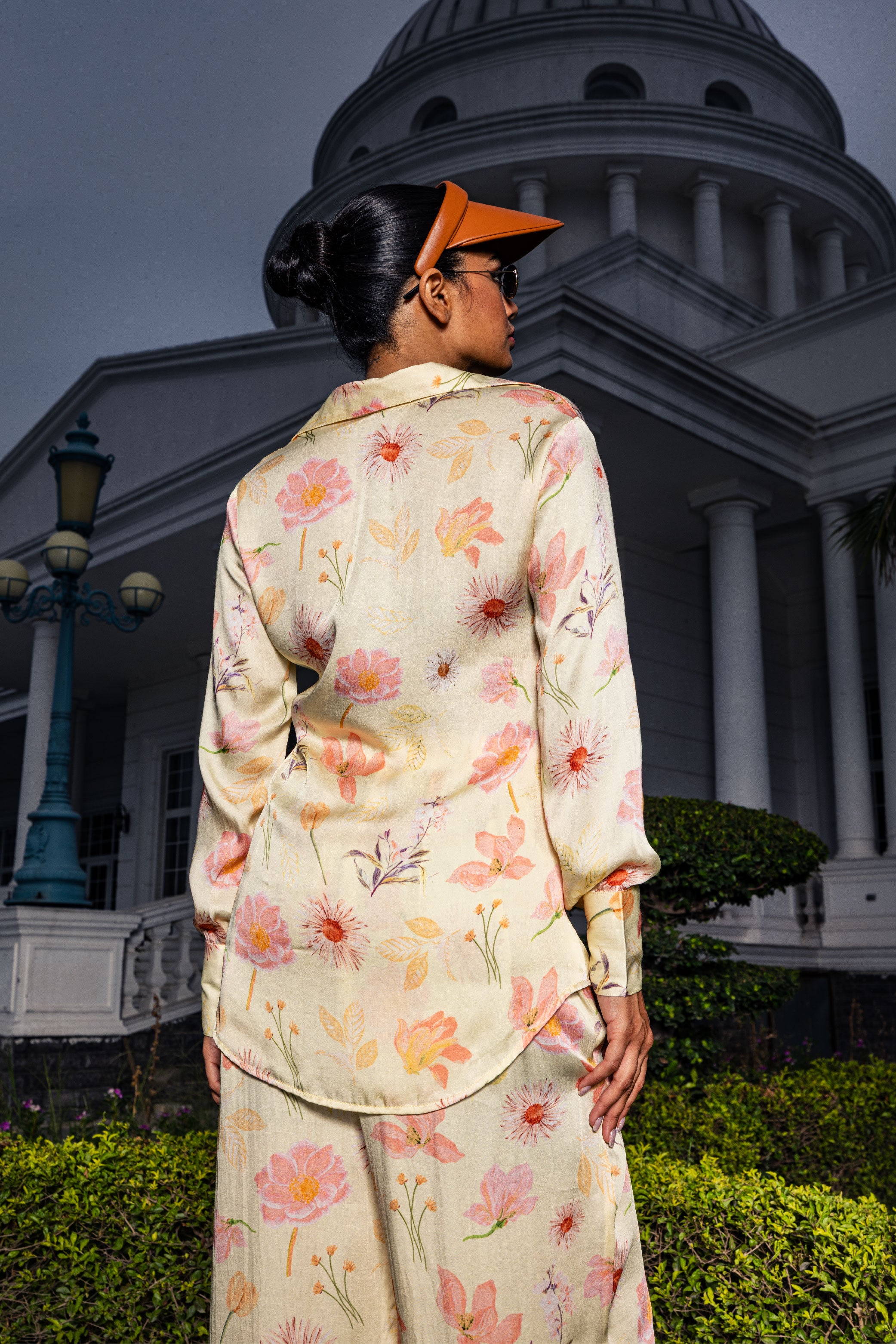 STELLA YELLOW FLORAL PRINTED SATIN COORD SET(READY TO SHIP)