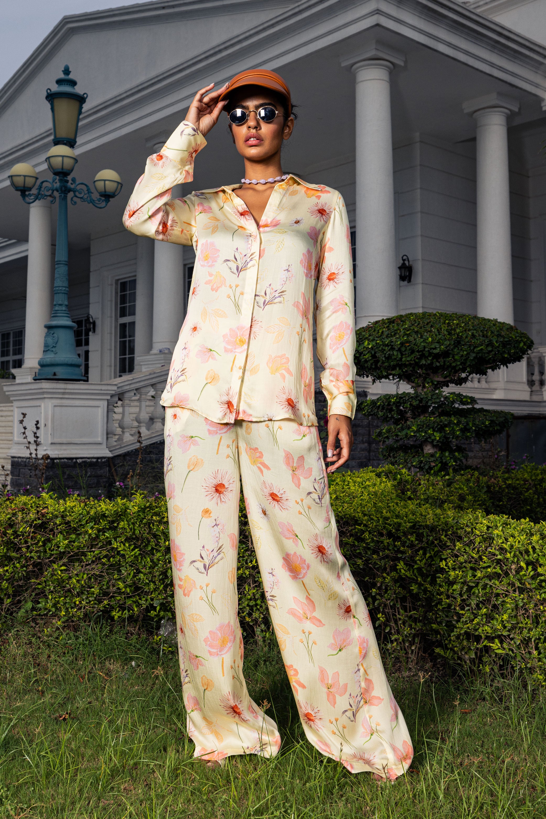 STELLA YELLOW FLORAL PRINTED SATIN COORD SET(READY TO SHIP)