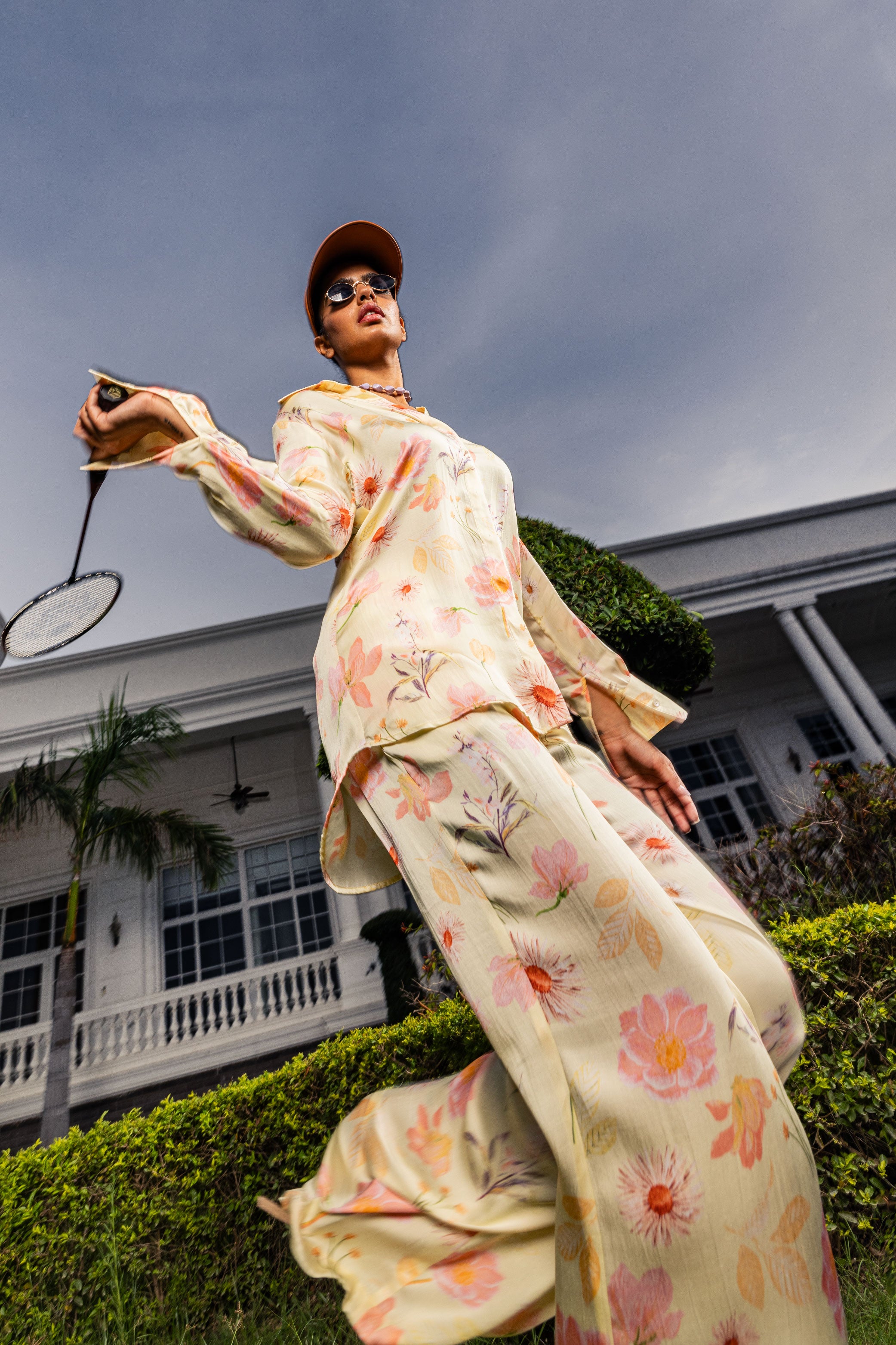 STELLA YELLOW FLORAL PRINTED SATIN COORD SET(READY TO SHIP)