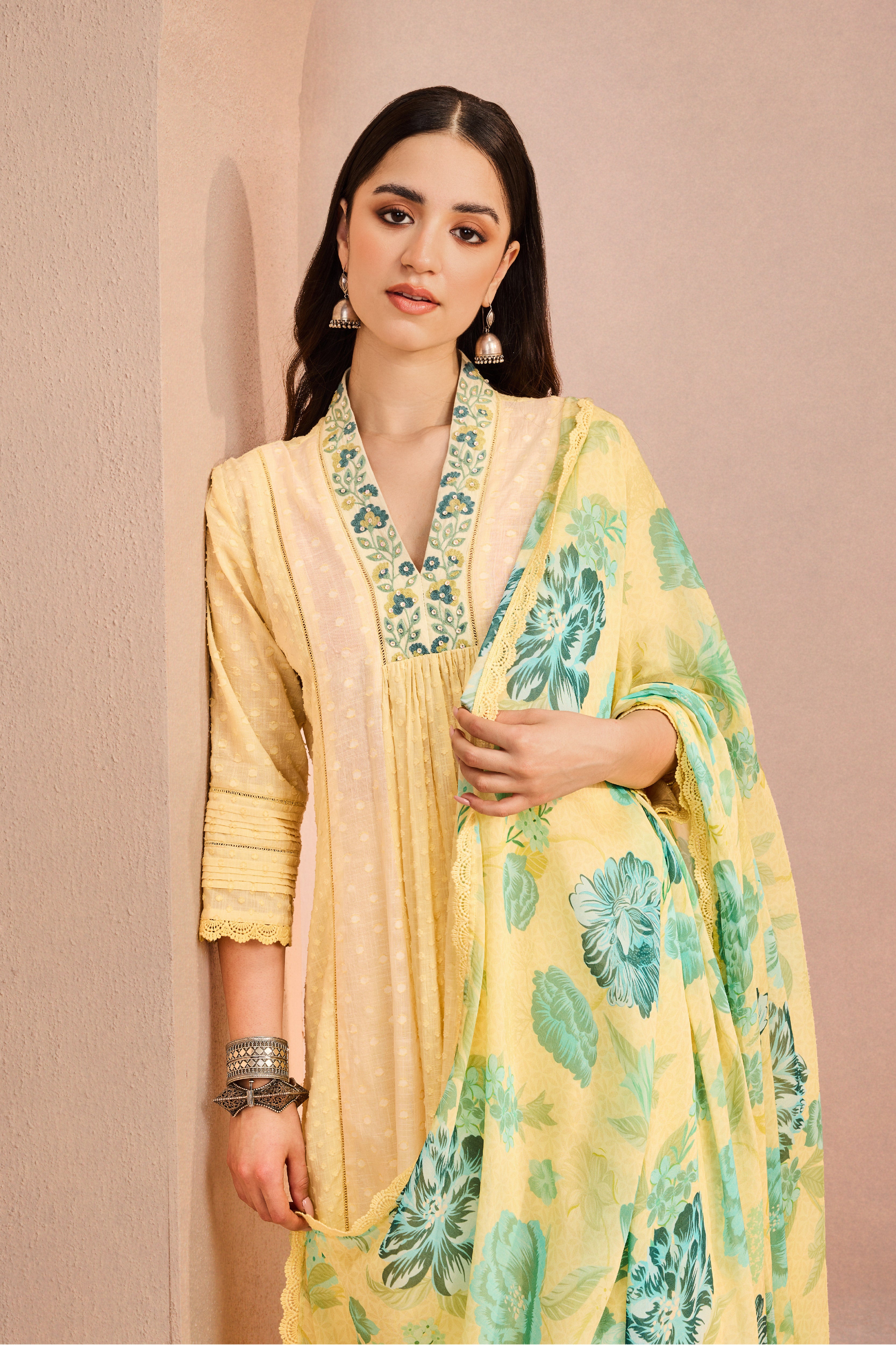 SUMANA YELLOW COTTON SLUB JACQUARD HANDCRAFTED KURTA SET (READY TO SHIP)