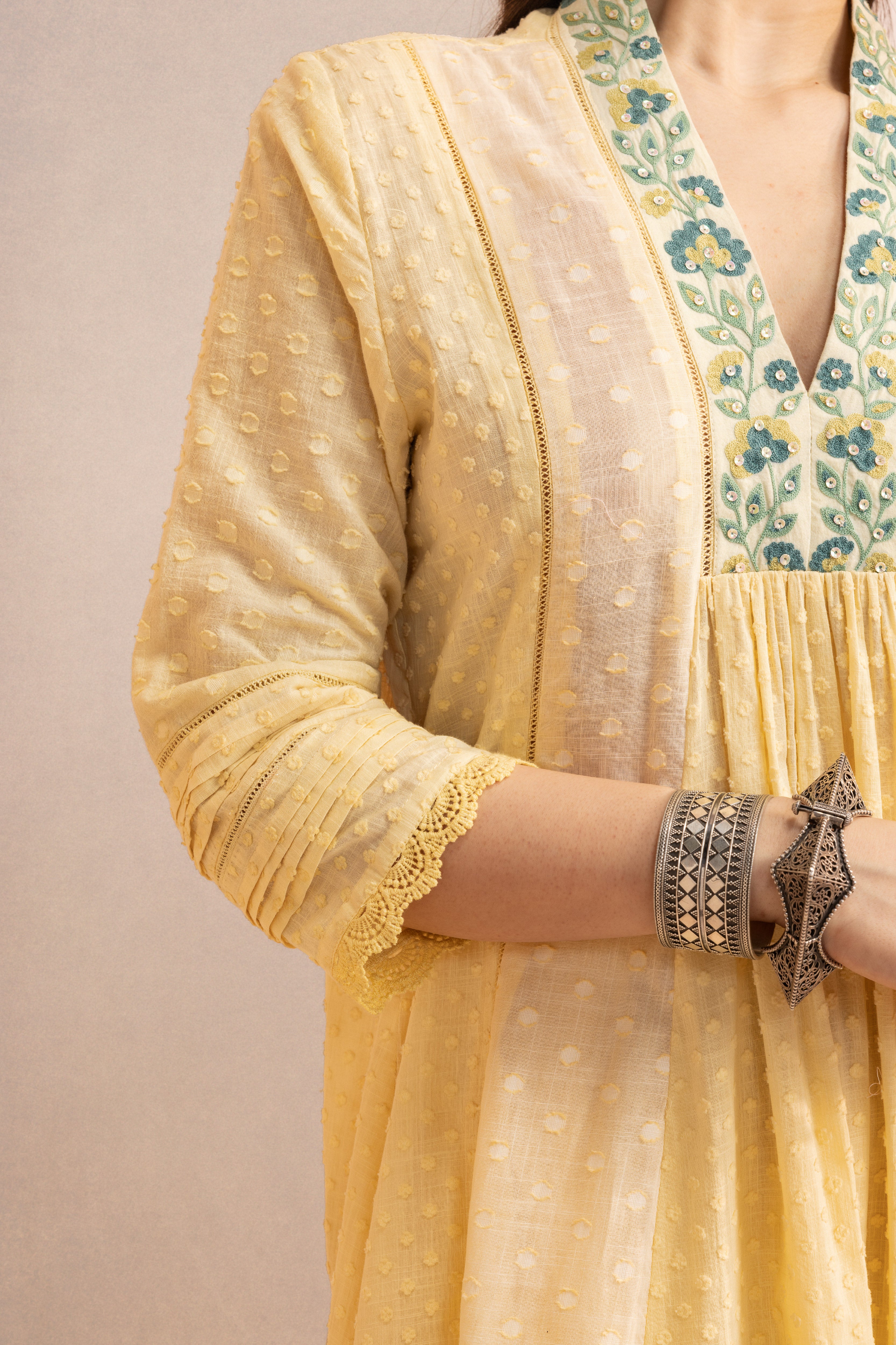 SUMANA YELLOW COTTON SLUB JACQUARD HANDCRAFTED KURTA SET (READY TO SHIP)