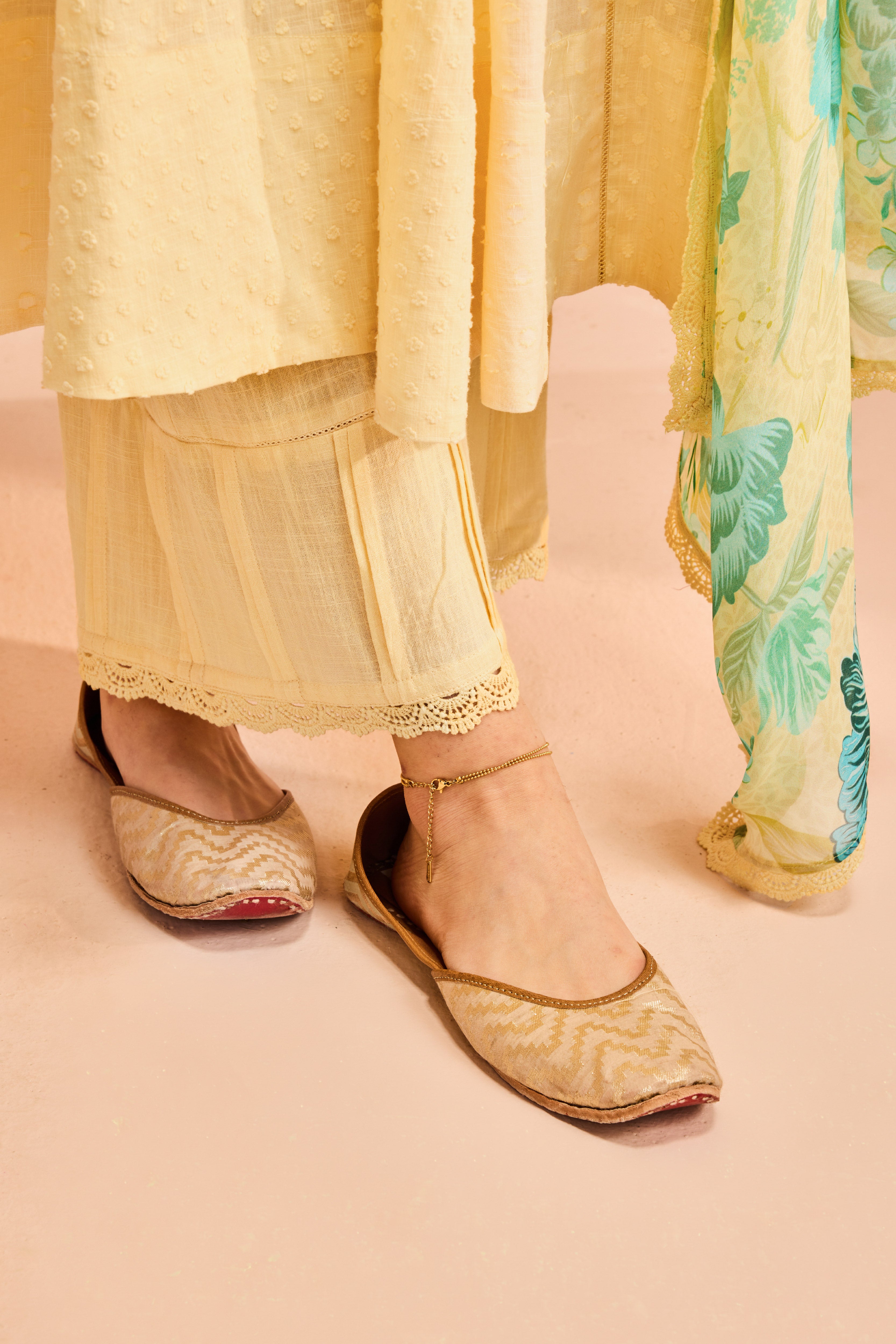 SUMANA YELLOW COTTON SLUB JACQUARD HANDCRAFTED KURTA SET (READY TO SHIP)