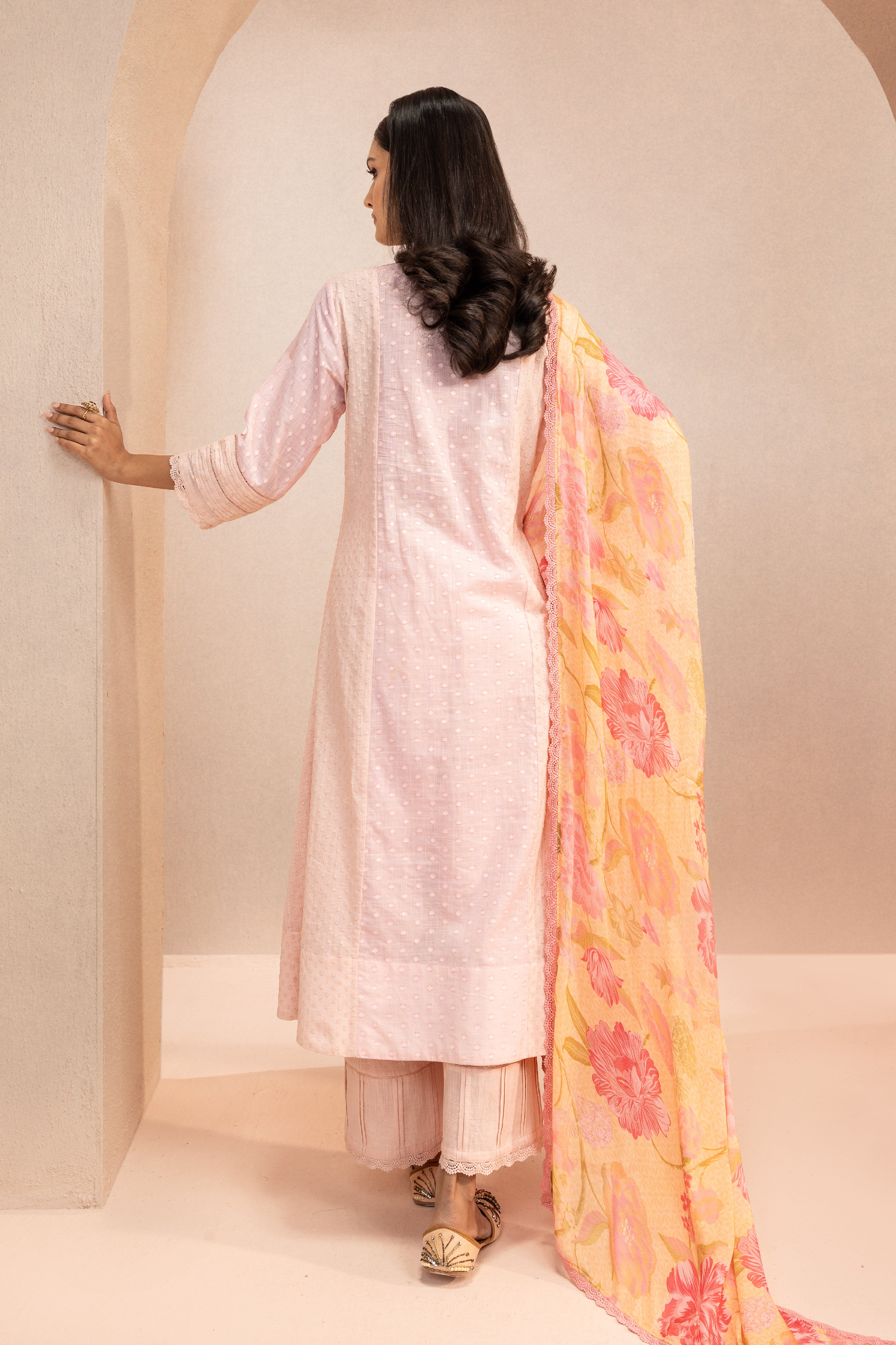 PAYAL SEN IN SUMANA PINK COTTON SLUB JACQUARD HANDCRAFTED KURTA SET