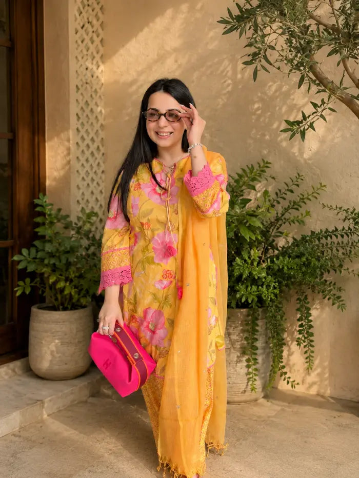 Tanya Narang In Vanya Yellow & Pink Cotton Printed Short Kurta Set with Farshi Salwar