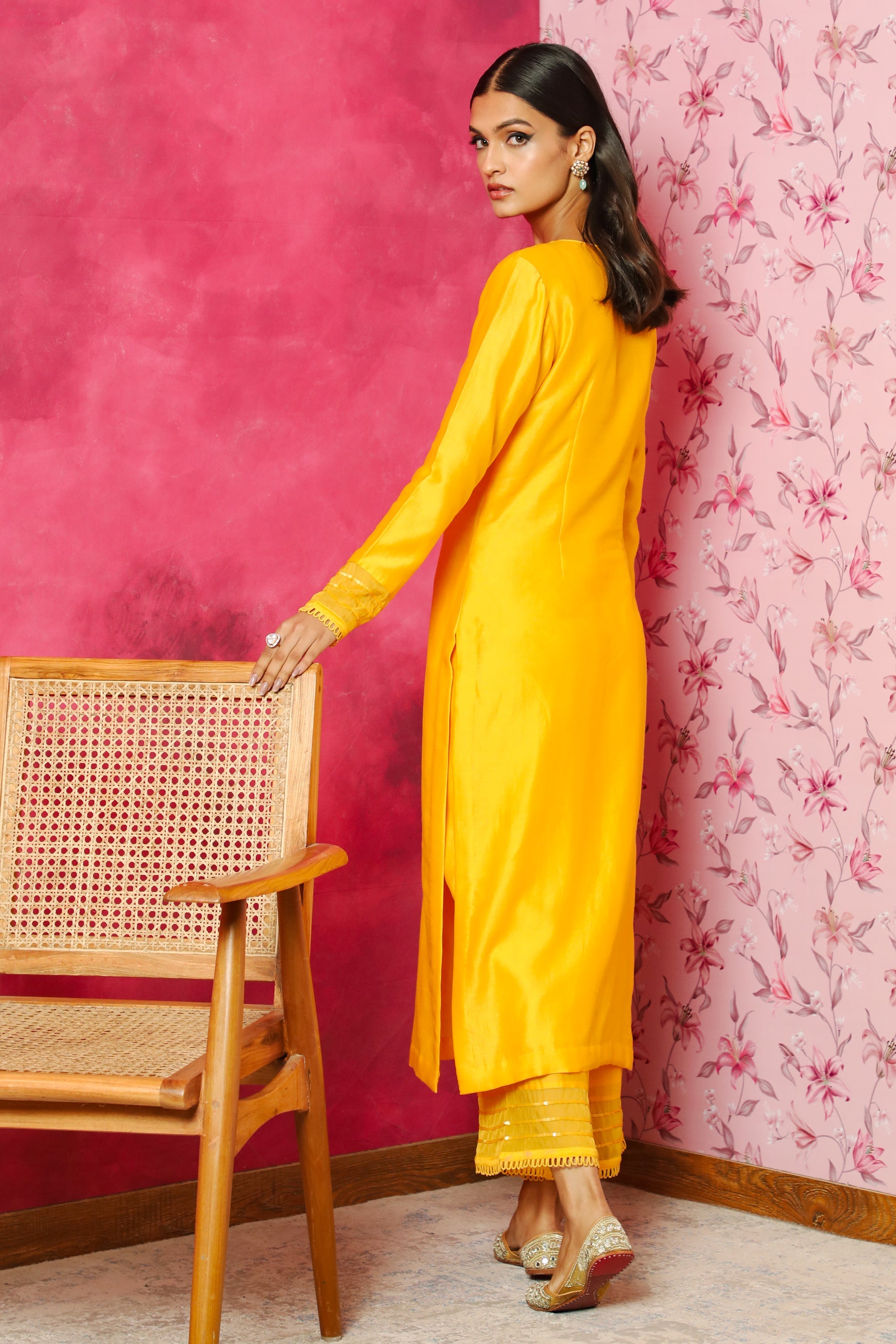 SEHER YELLOW SILK CHANDERI HANDCRAFTED`KURTA SET