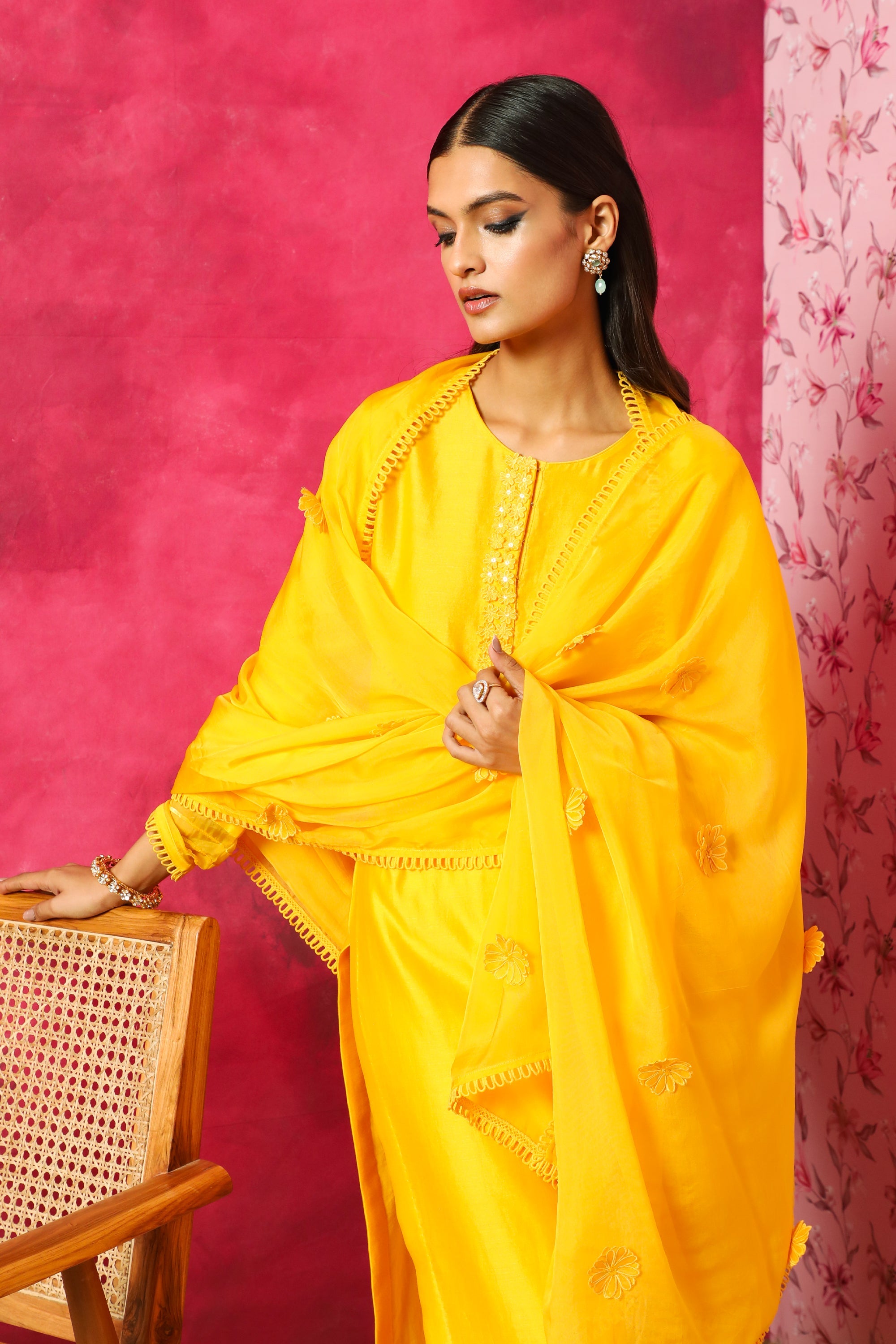 SEHER YELLOW SILK CHANDERI HANDCRAFTED`KURTA SET