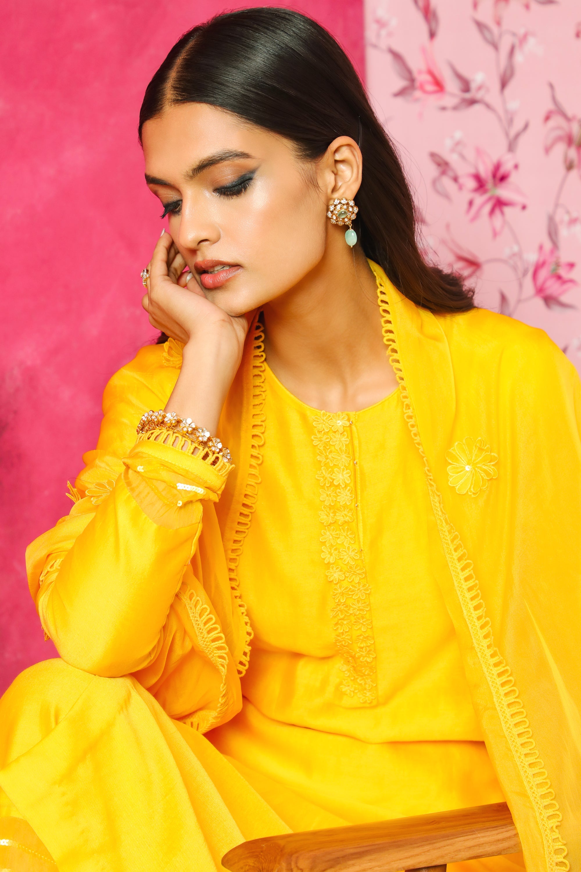 SEHER YELLOW SILK CHANDERI HANDCRAFTED`KURTA SET