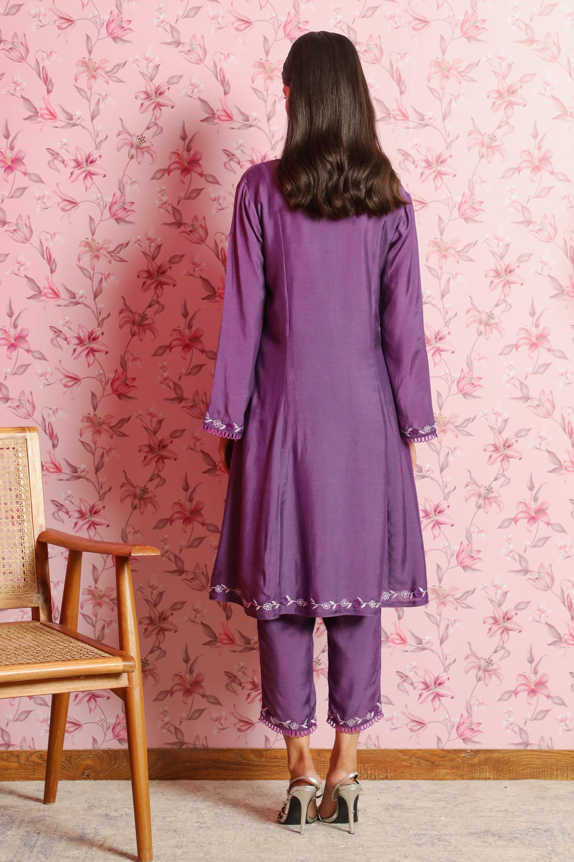 FIZA PURPLE SILK CHANDERI HANDCRAFTED A-LINE SHORT KURTA SET