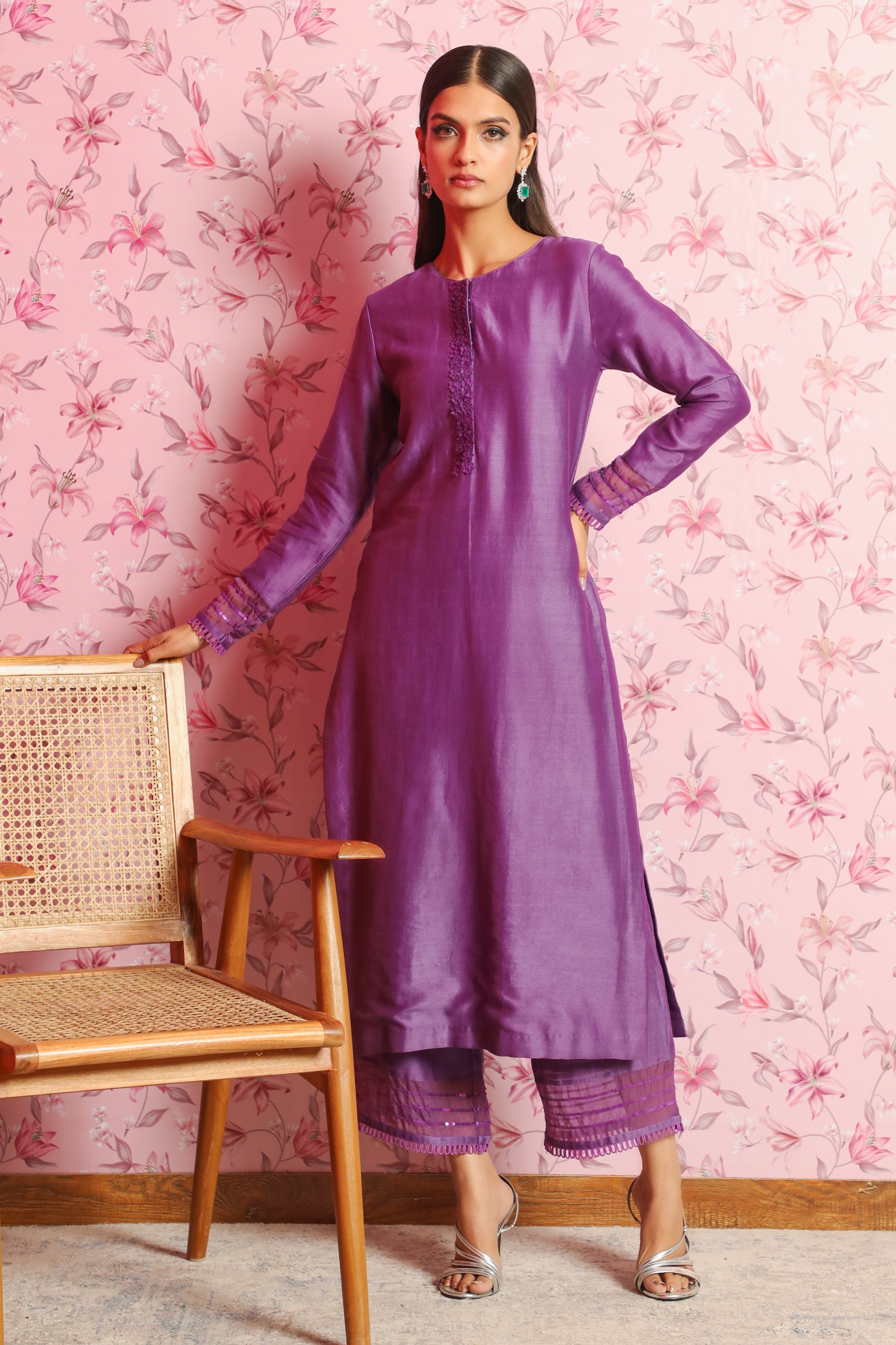 SAIRA PURPLE SILK CHANDERI HANDCRAFTED KURTA SET