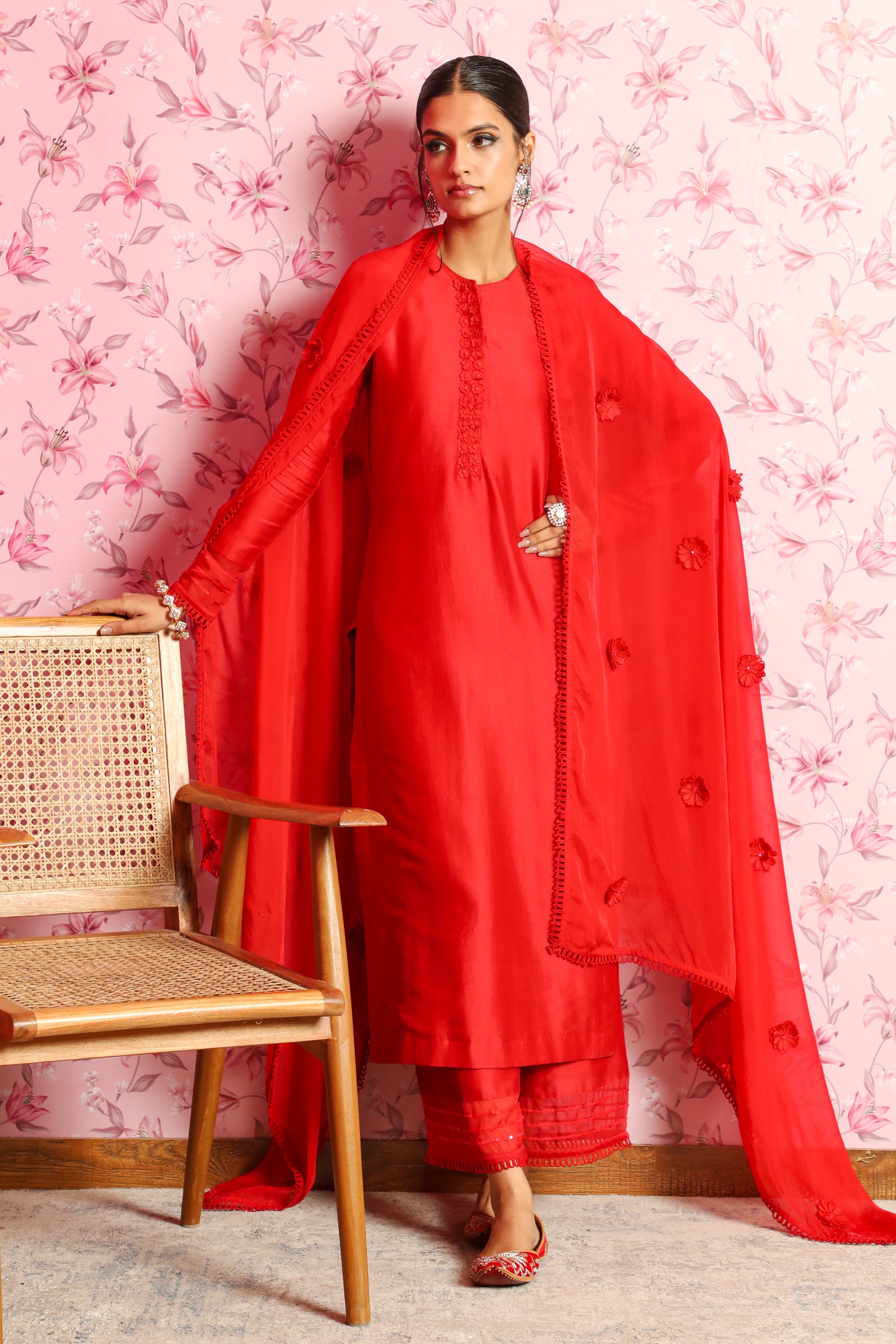 SANAH RED SILK CHANDERI HANDCRAFTED KURTA SET