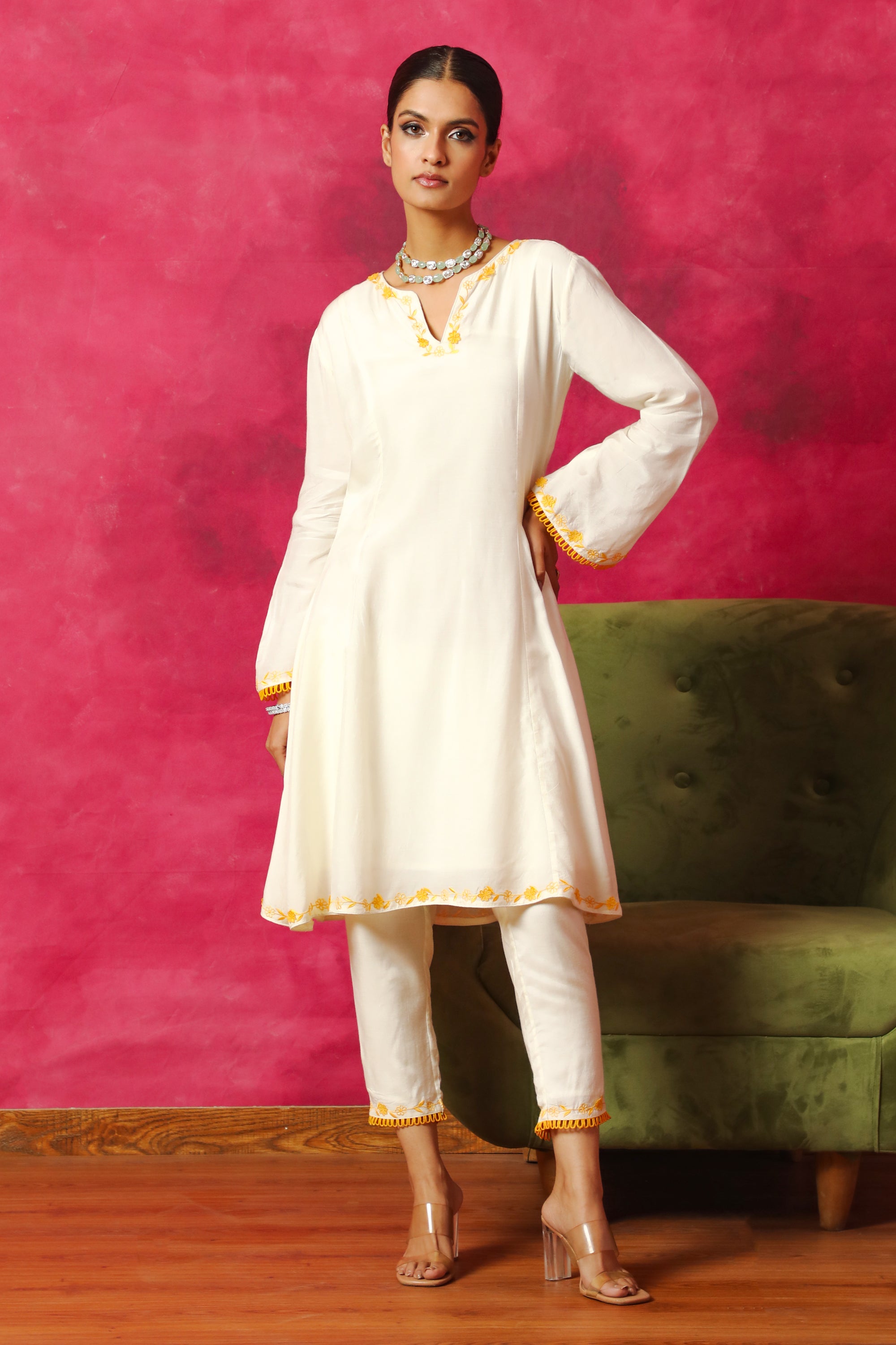 NARGIS ECRU SILK CHANDERI HANDCRAFTED A-LINE SHORT KURTA SET