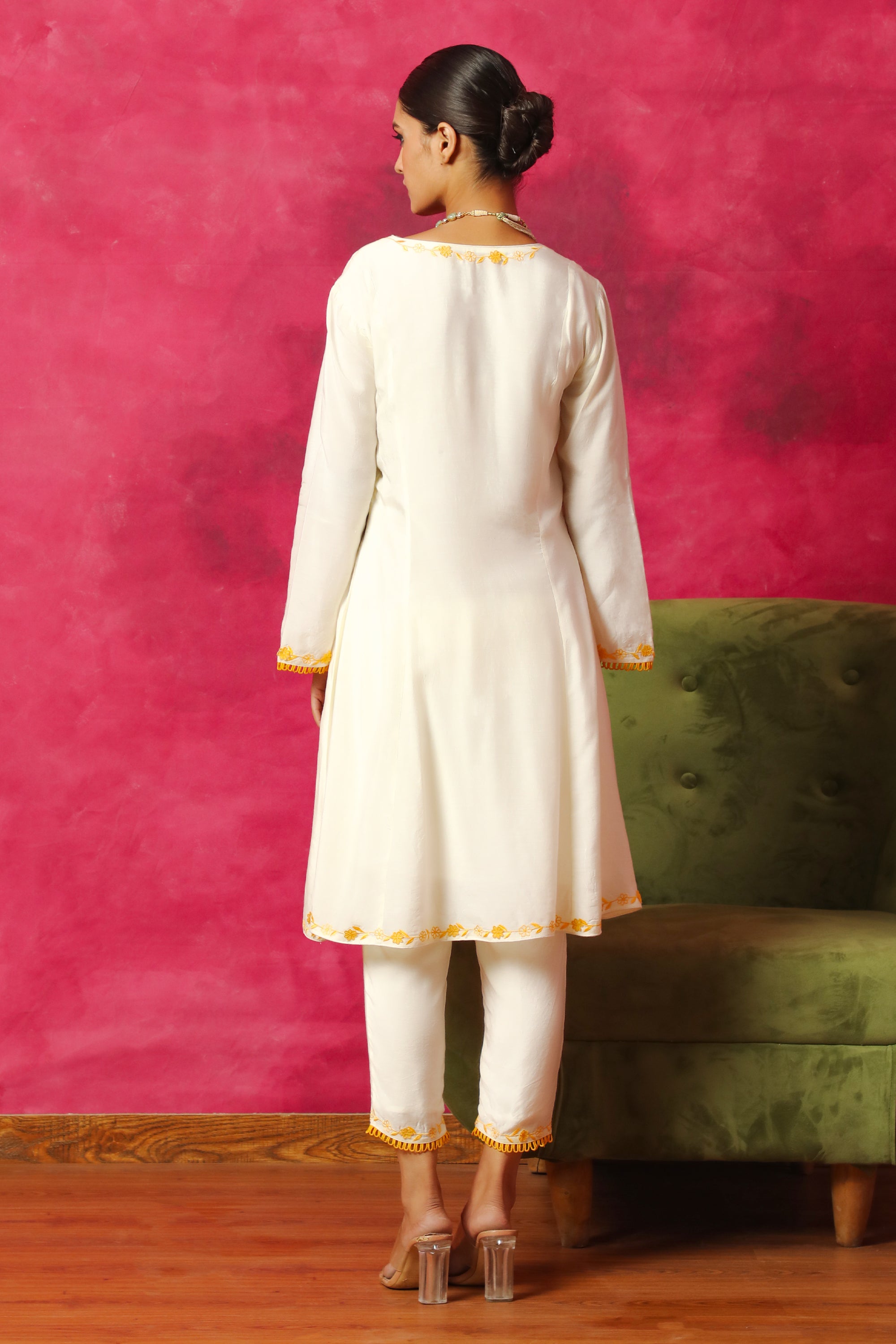 NARGIS ECRU SILK CHANDERI HANDCRAFTED A-LINE SHORT KURTA SET