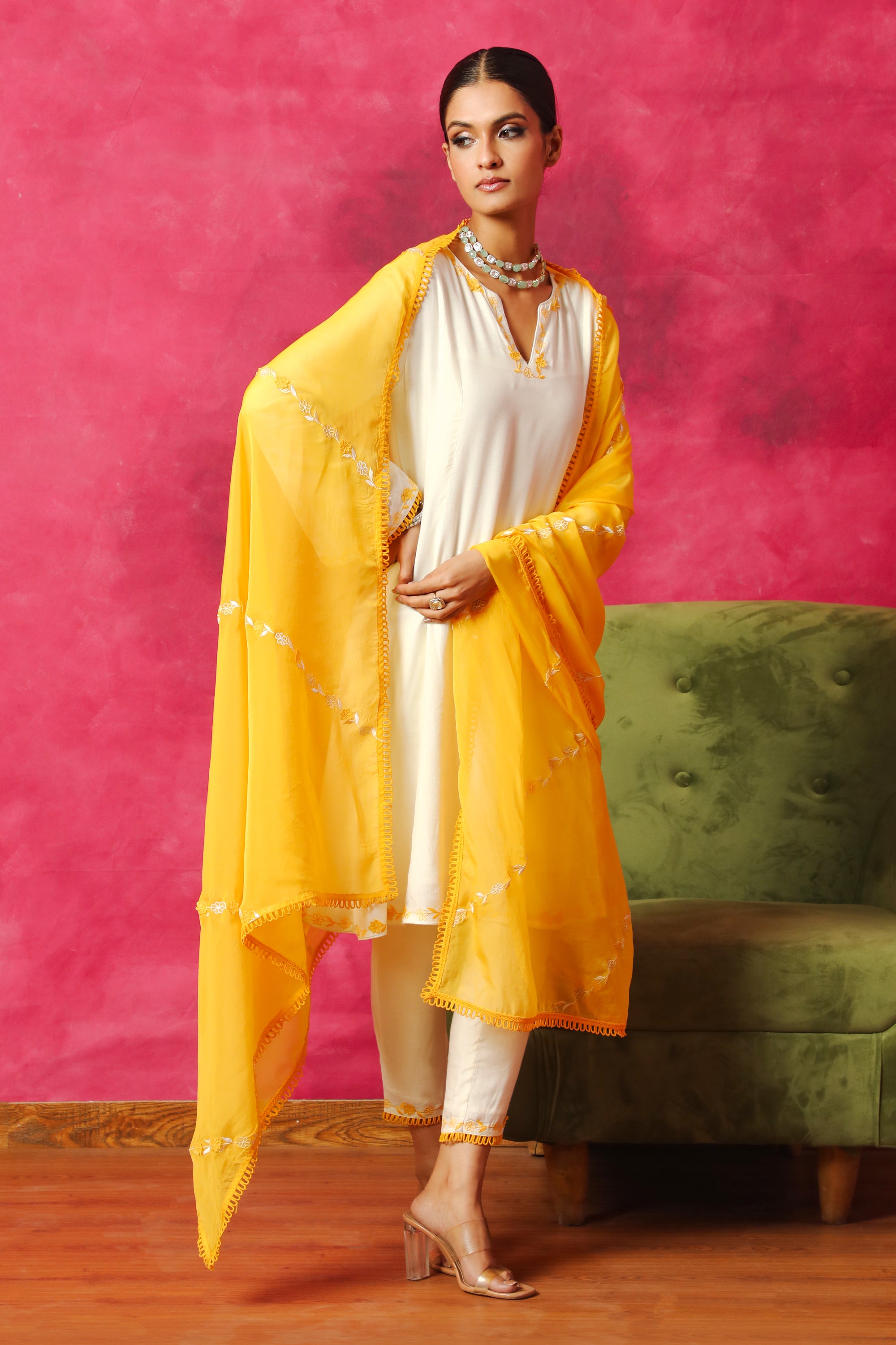 NARGIS ECRU SILK CHANDERI HANDCRAFTED A-LINE SHORT KURTA SET