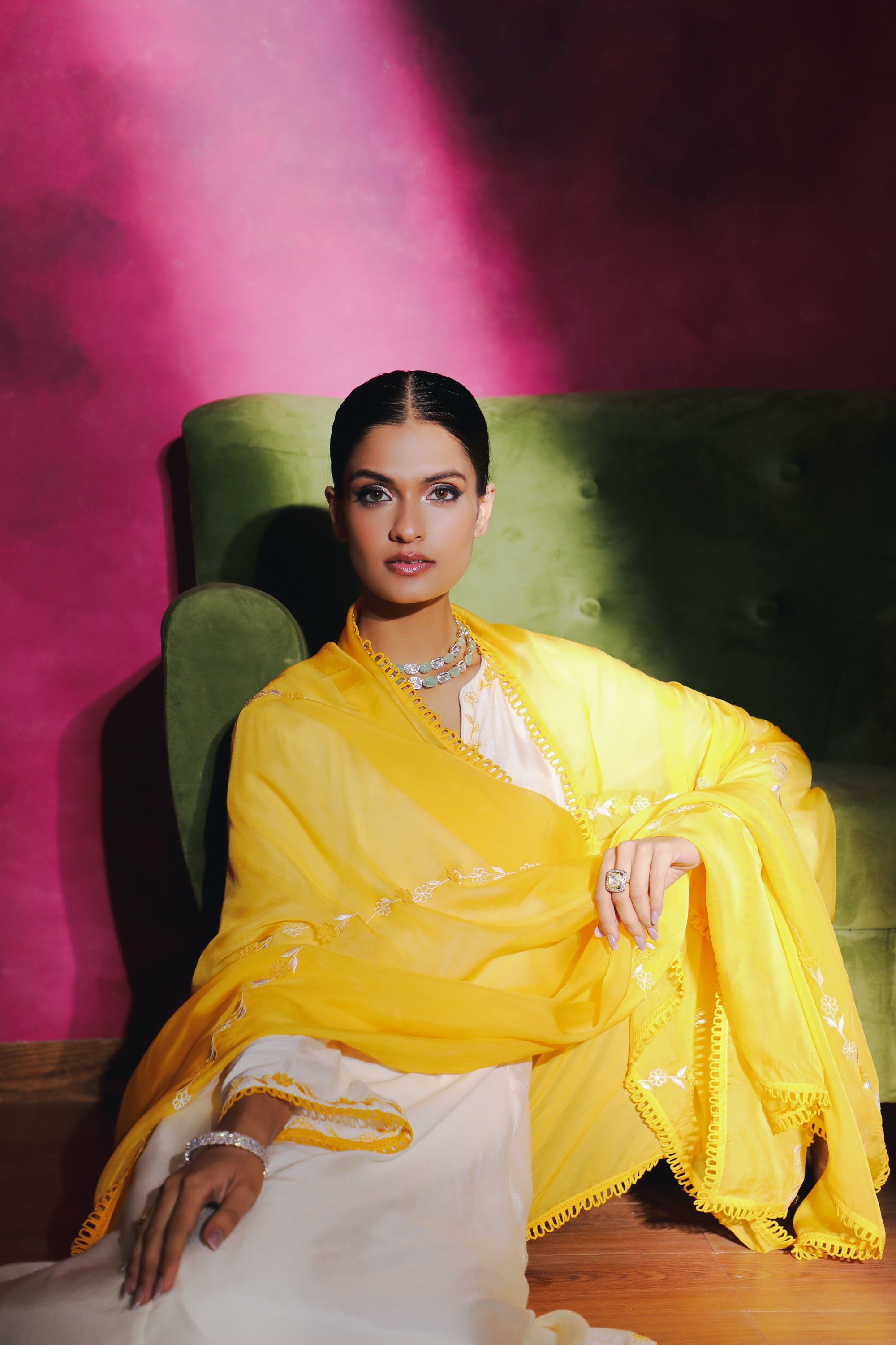 NARGIS ECRU SILK CHANDERI HANDCRAFTED A-LINE SHORT KURTA SET