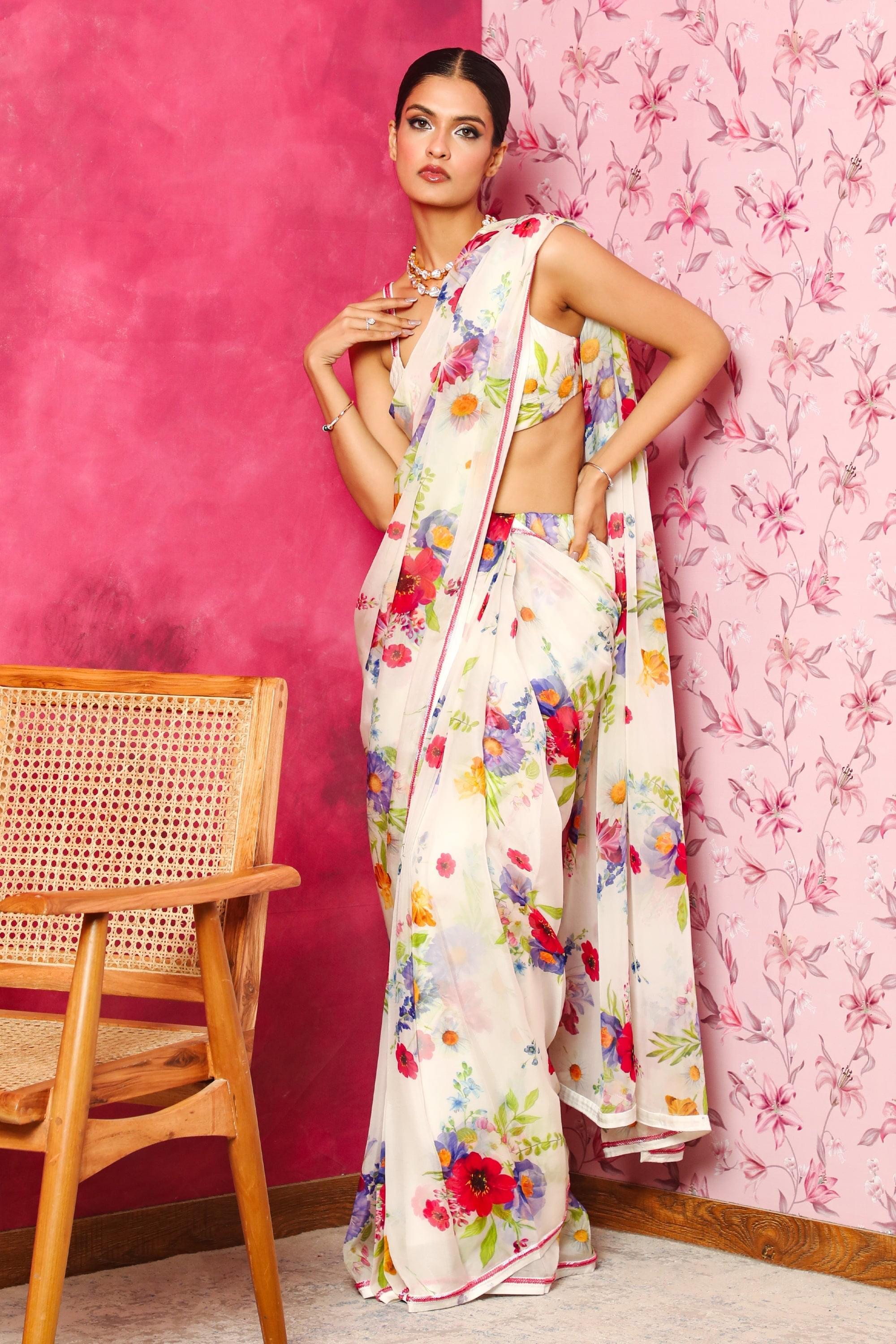 PRERNA MEHRA IN ARZOO WHITE FLORAL PRINTED HANDCRAFTED ORGANZA SAREE