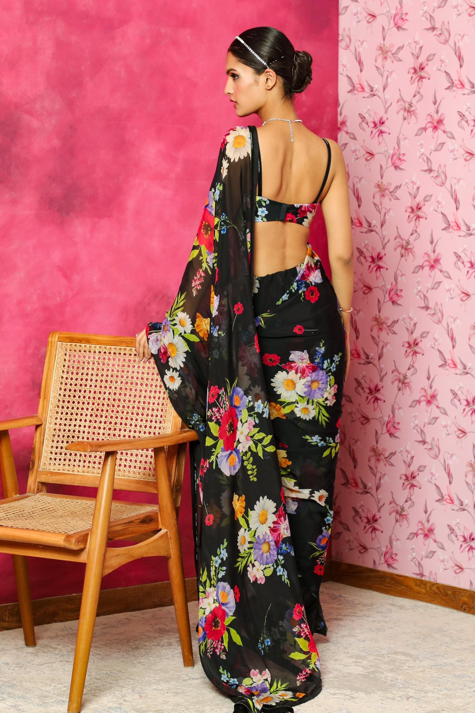 AREEBA BLACK FLORAL PRINTED HANDCRAFTED ORGANZA SAREE