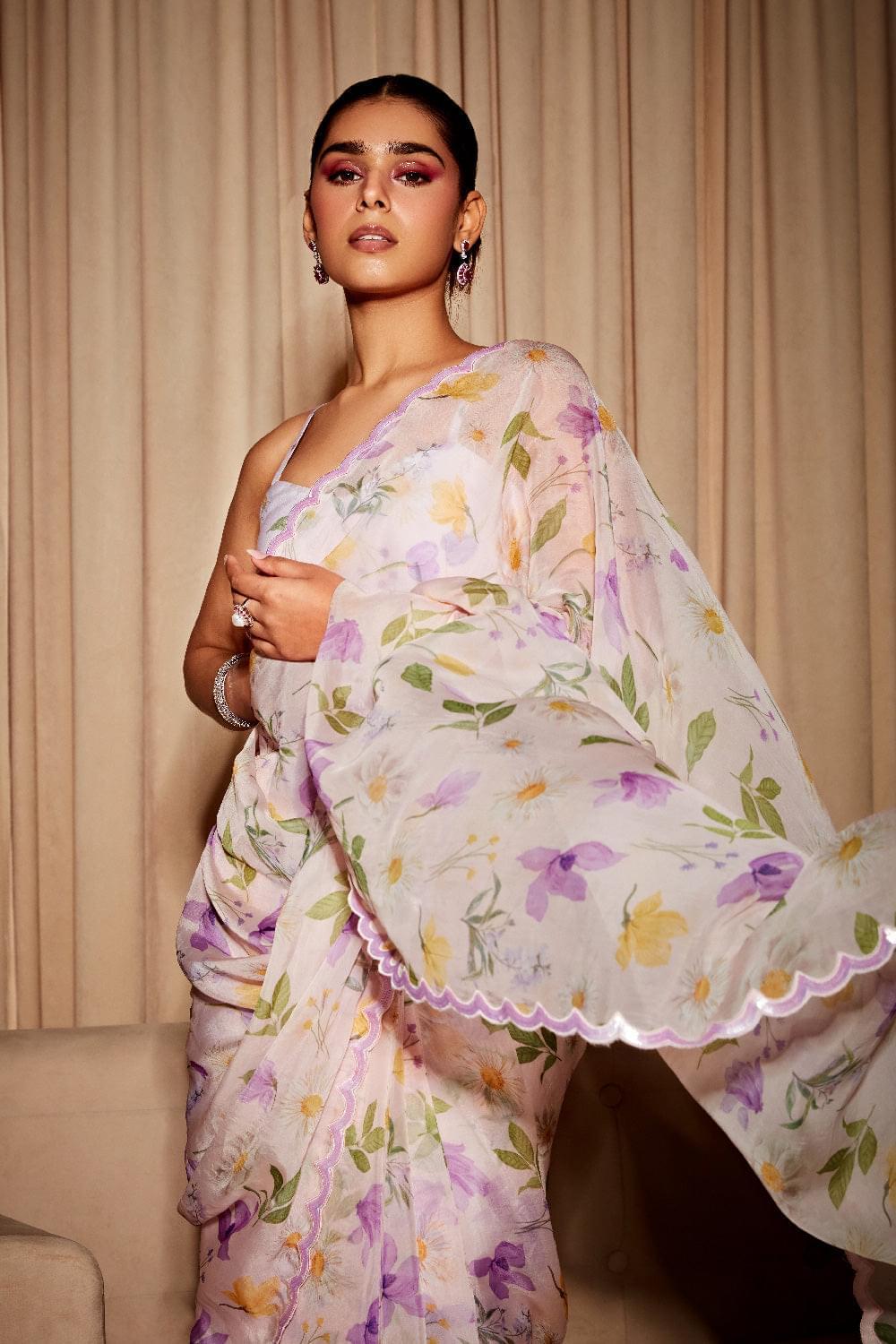 SUNAINA KHERA IN ALINA BABY PINK FLORAL PRINTED HANDCRAFTED ORGANZA SAREE