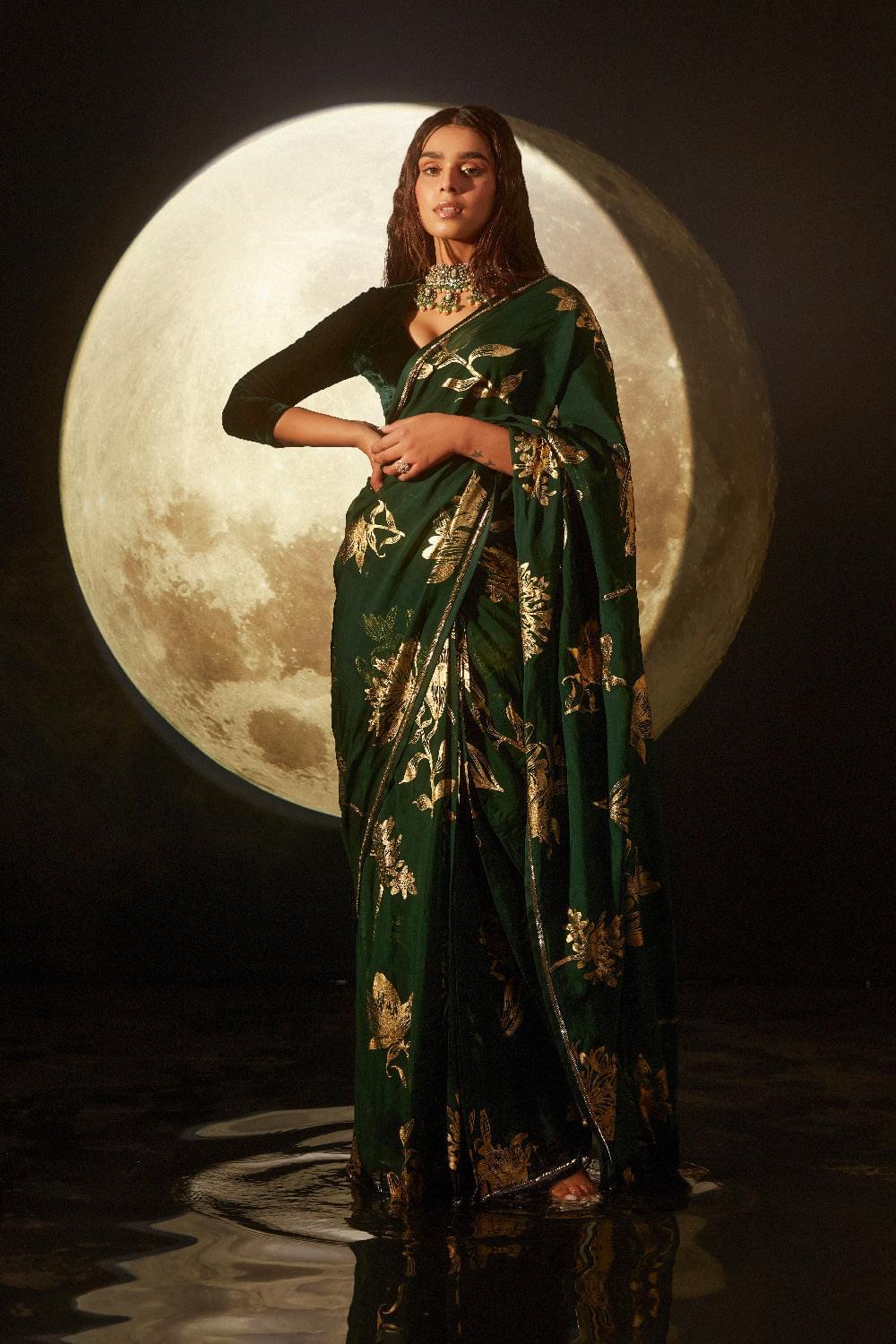 ALIZEH GREEN FLORAL FOIL PRINTED HANDCRAFTED ORGANZA SAREE
