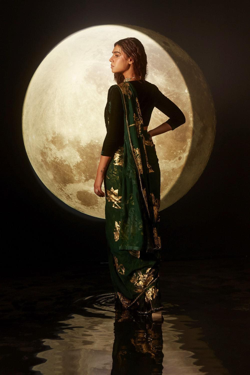 ALIZEH GREEN FLORAL FOIL PRINTED HANDCRAFTED ORGANZA SAREE