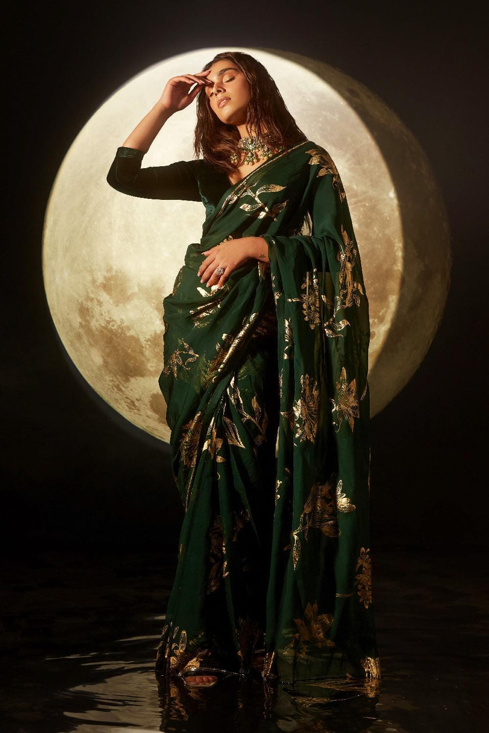 ALIZEH GREEN FLORAL FOIL PRINTED HANDCRAFTED ORGANZA SAREE