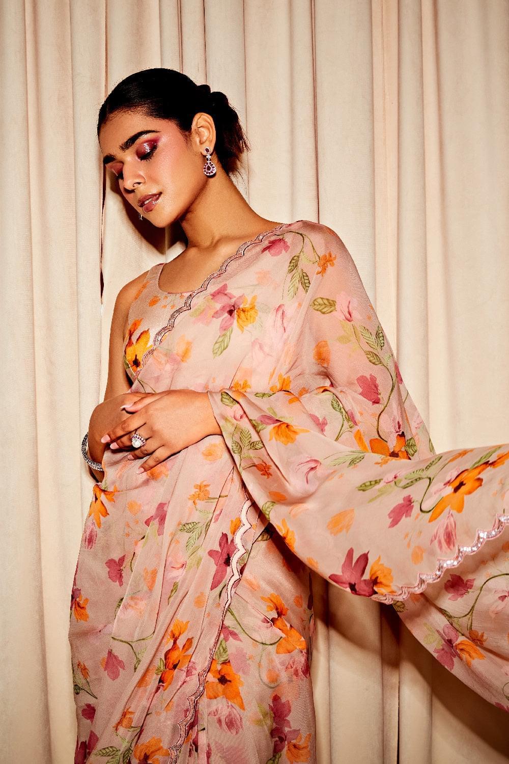 NATASHA LUTHRA IN ARIA BEIGE FLORAL PRINTED HANDCRAFTED ORGANZA SAREE