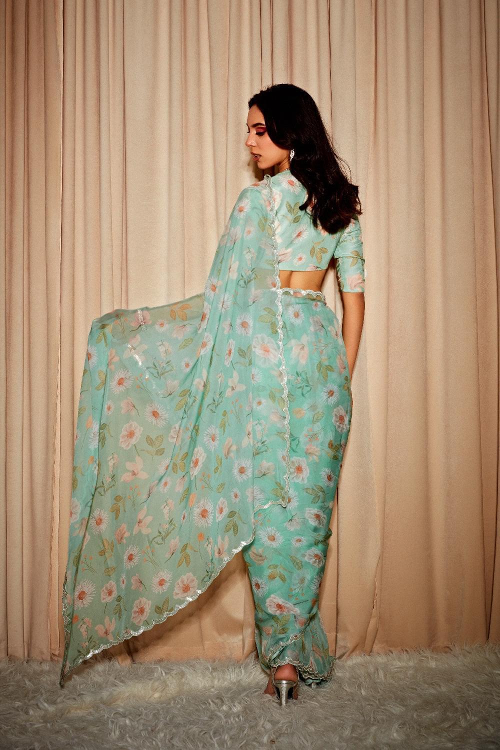AVA GREEN FLORAL PRINTED HANDCRAFTED ORGANZA SAREE