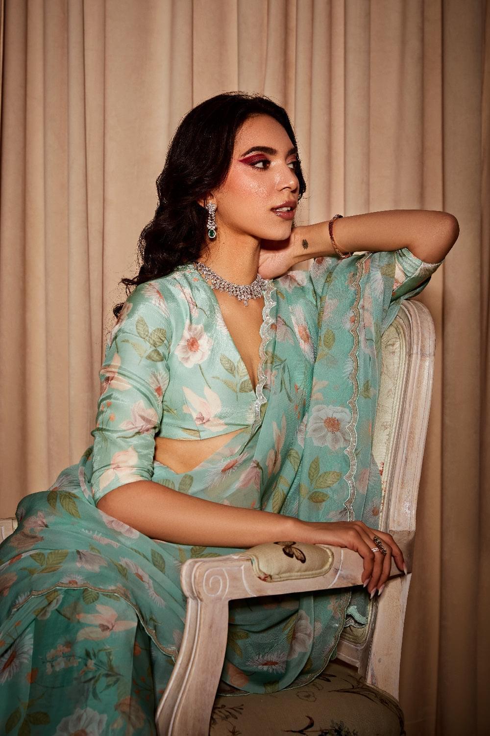 AVA GREEN FLORAL PRINTED HANDCRAFTED ORGANZA SAREE