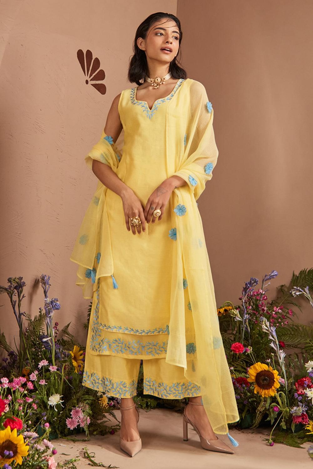 KAJAL AGGARWAL IN DUA LIGHT YELLOW SILK CHANDERI HANDCRAFTED KURTA SET