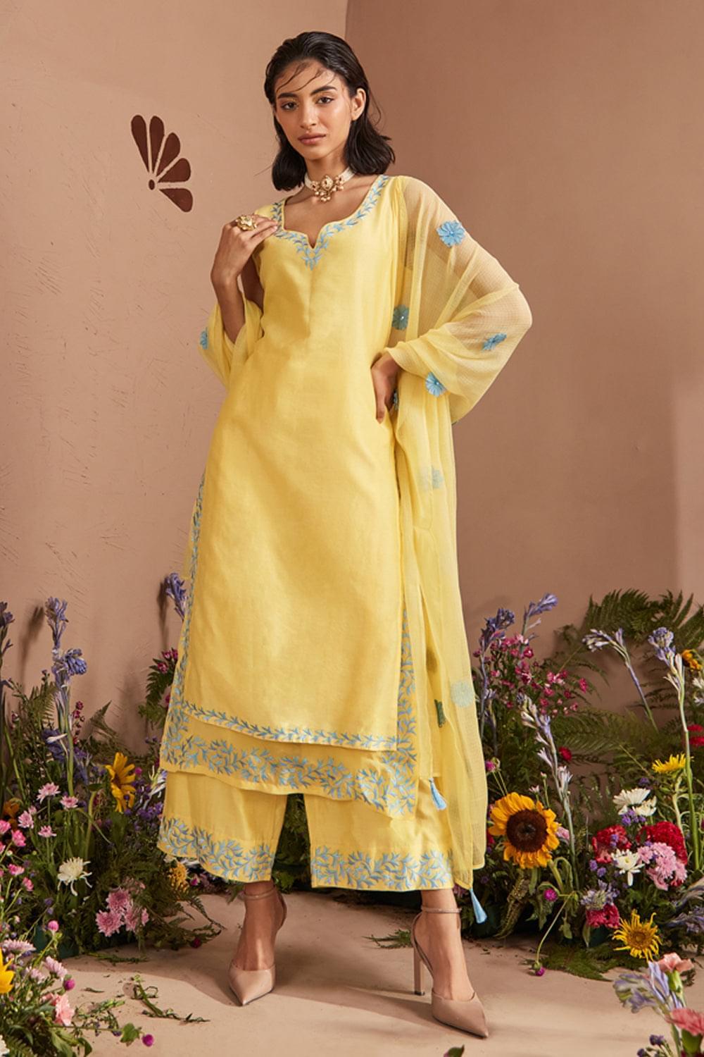 KAJAL AGGARWAL IN DUA LIGHT YELLOW SILK CHANDERI HANDCRAFTED KURTA SET