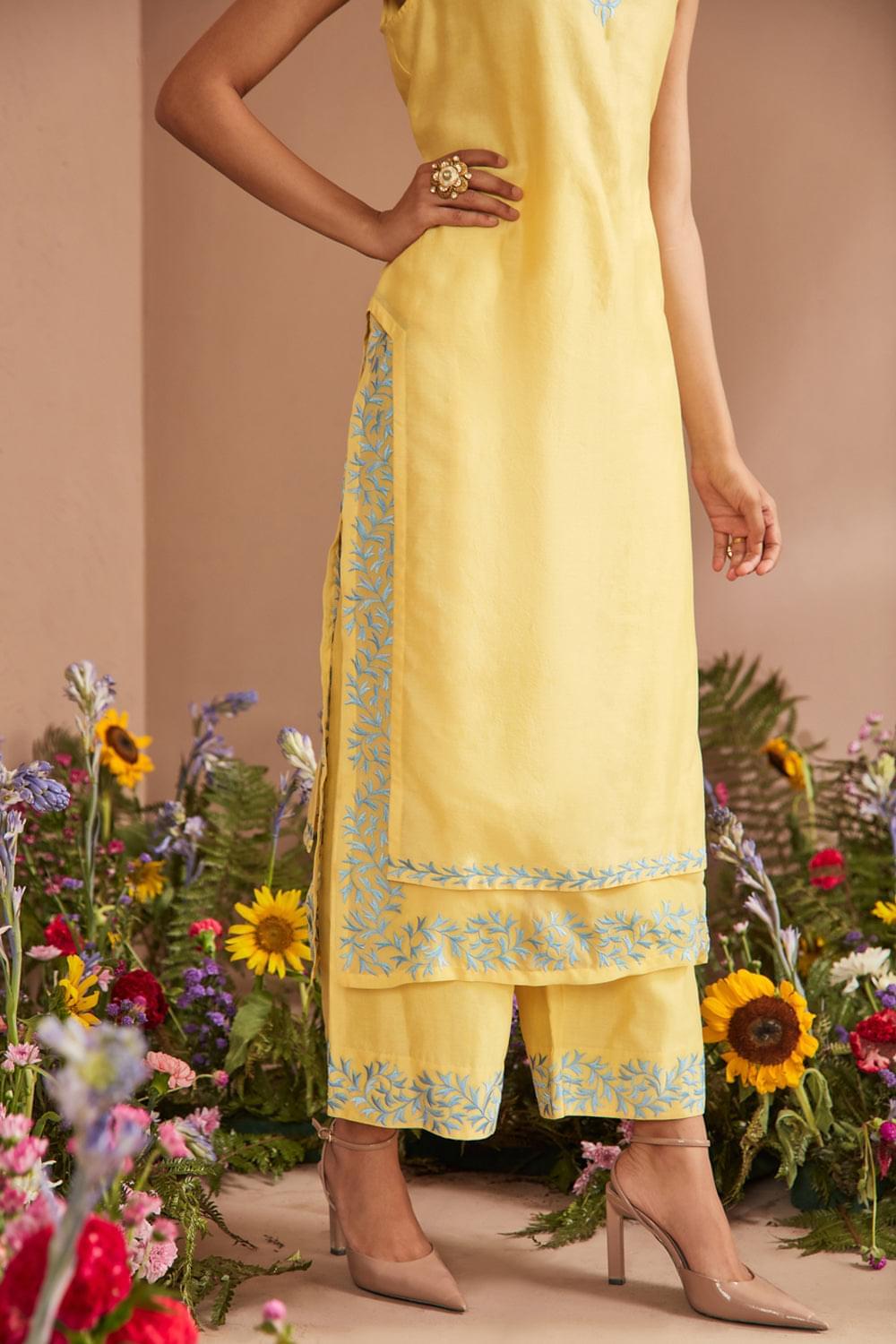 KAJAL AGGARWAL IN DUA LIGHT YELLOW SILK CHANDERI HANDCRAFTED KURTA SET