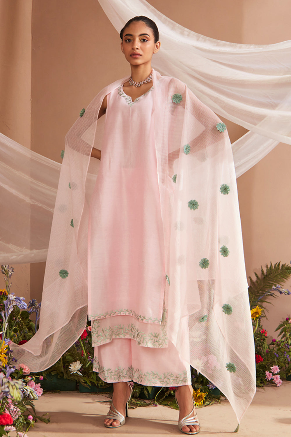 RUH LIGHT PINK SILK CHANDERI HANDCRAFTED KURTA SET