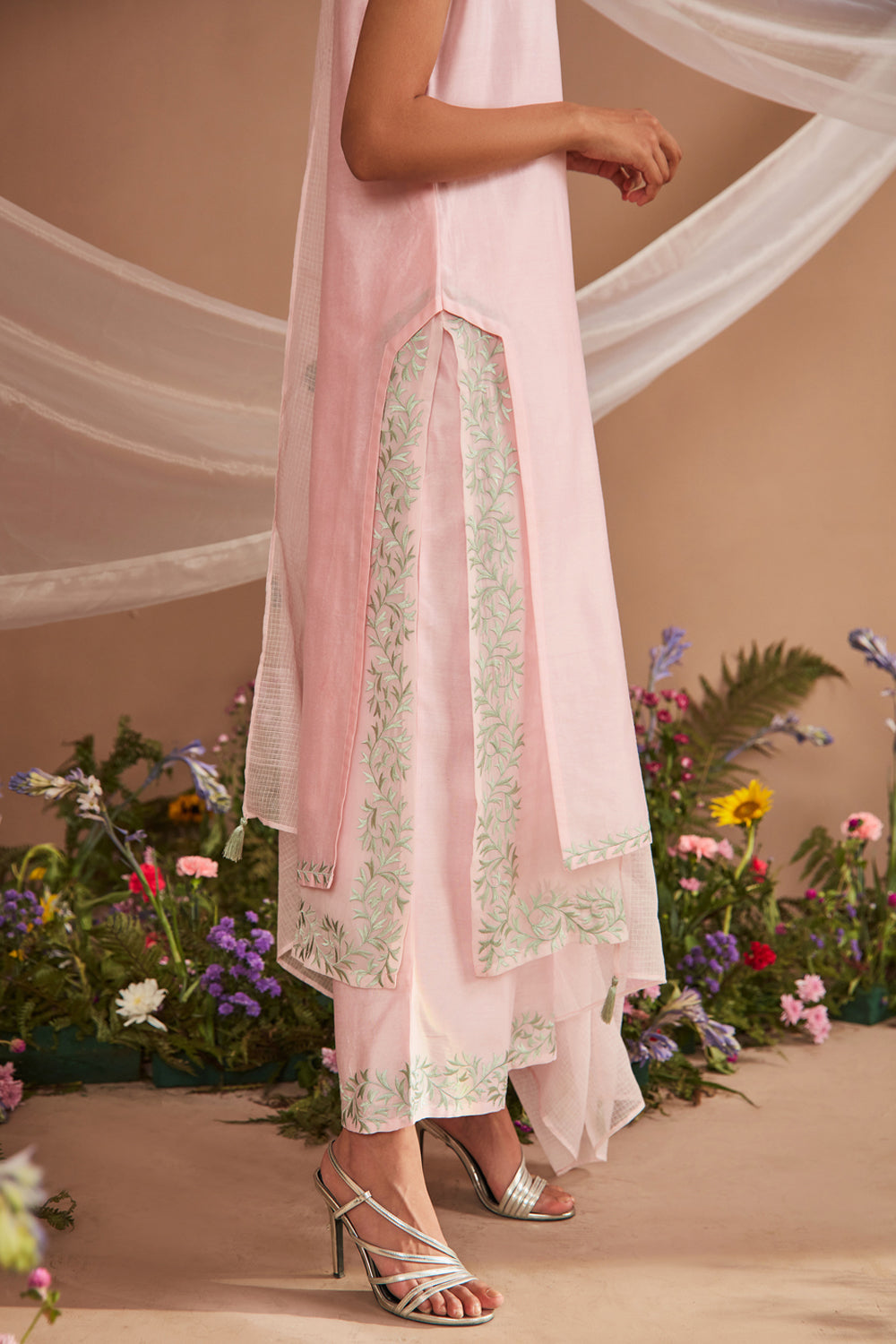 RUH LIGHT PINK SILK CHANDERI HANDCRAFTED KURTA SET