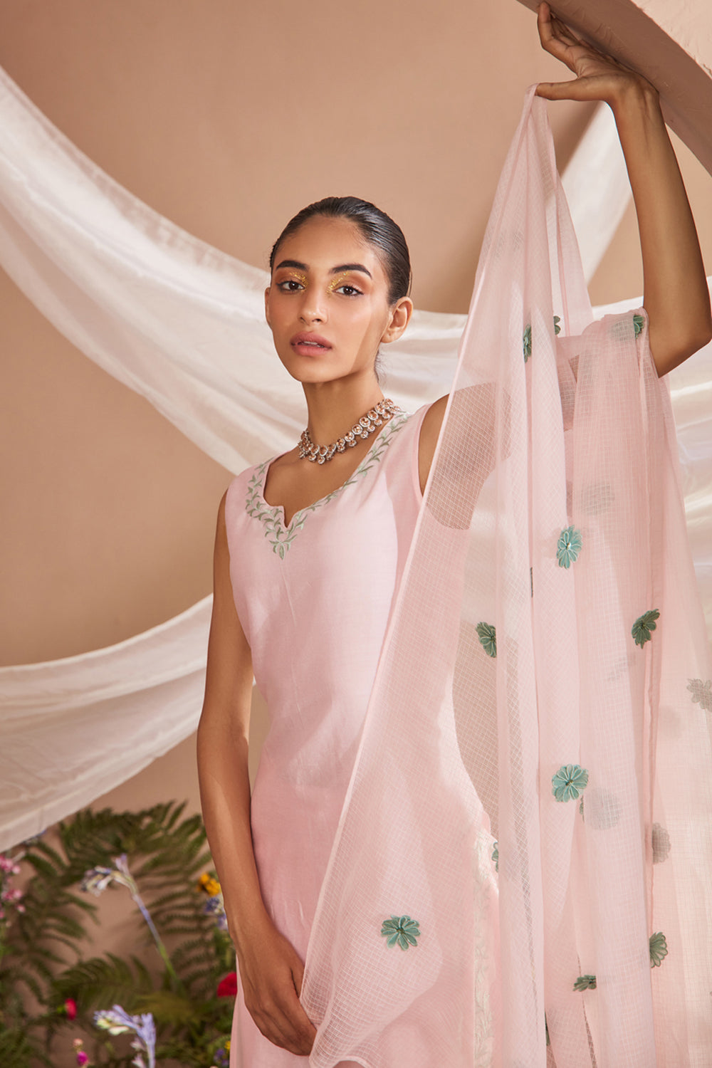 RUH LIGHT PINK SILK CHANDERI HANDCRAFTED KURTA SET