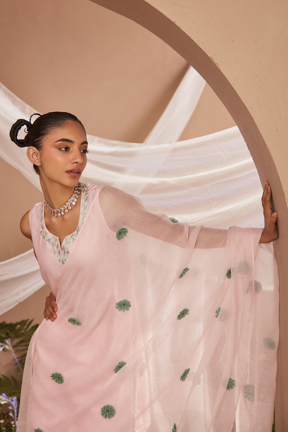 RUH LIGHT PINK SILK CHANDERI HANDCRAFTED KURTA SET