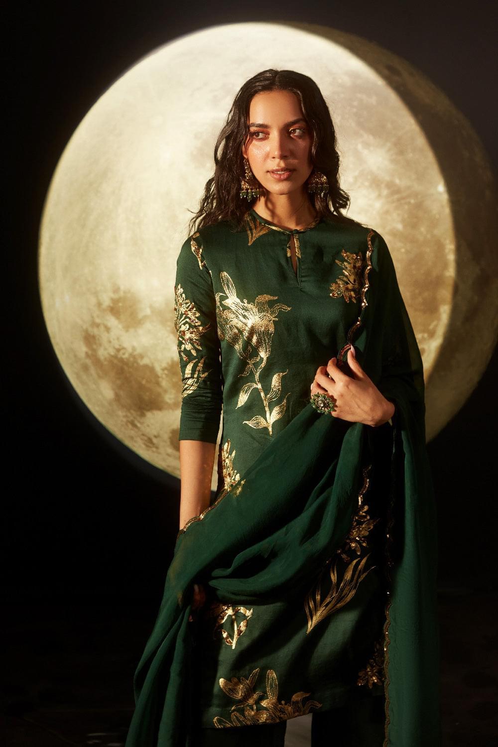 DIYA EMERALD GREEN FOIL PRINTED HANDCRAFTED KURTA SET