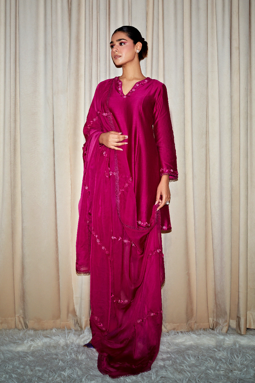 INAYA PLUM SILK CHANDERI A-LINE SHORT HANDCRAFTED KURTA SET