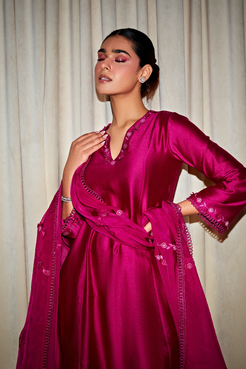 INAYA PLUM SILK CHANDERI A-LINE SHORT HANDCRAFTED KURTA SET