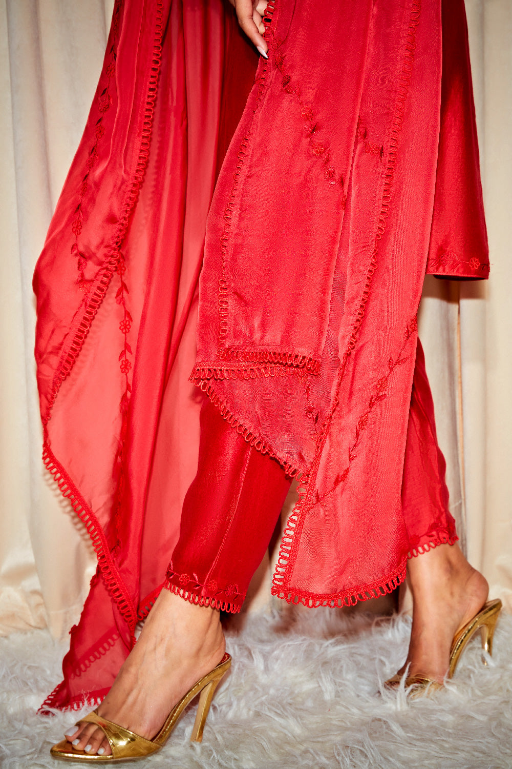 IRA RED SILK CHANDERI A-LINE SHORT HANDCRAFTED KURTA SET