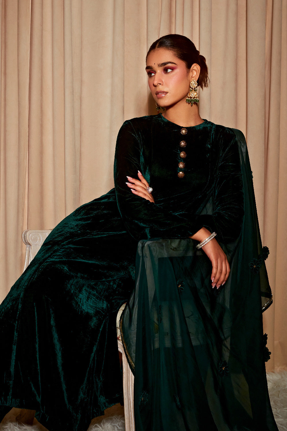 MEHREEN EMERALD GREEN VELVET A-LINE HANDCRAFTED KURTA SET