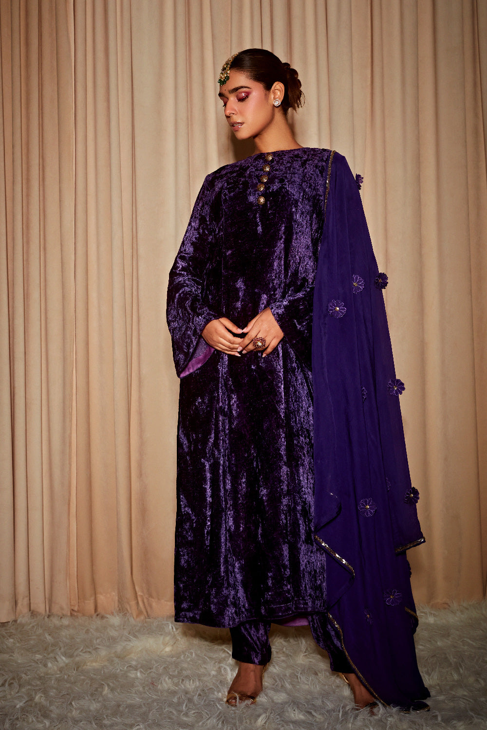 NAZARAH DEEP PURPLE VELVET A-LINE HANDCRAFTED KURTA SET