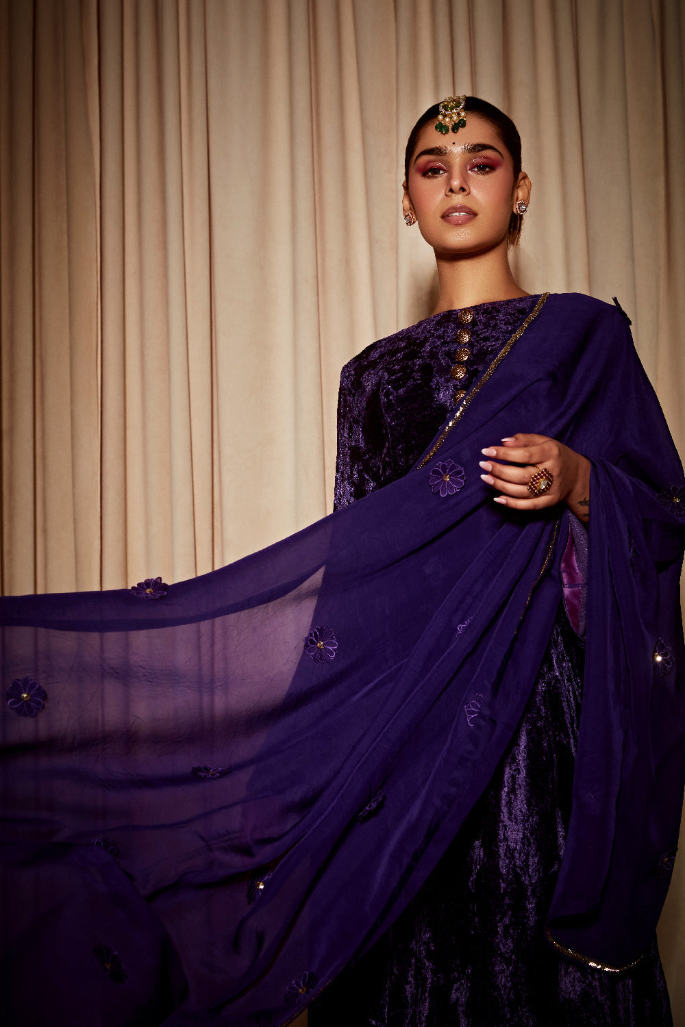 NAZARAH DEEP PURPLE VELVET A-LINE HANDCRAFTED KURTA SET