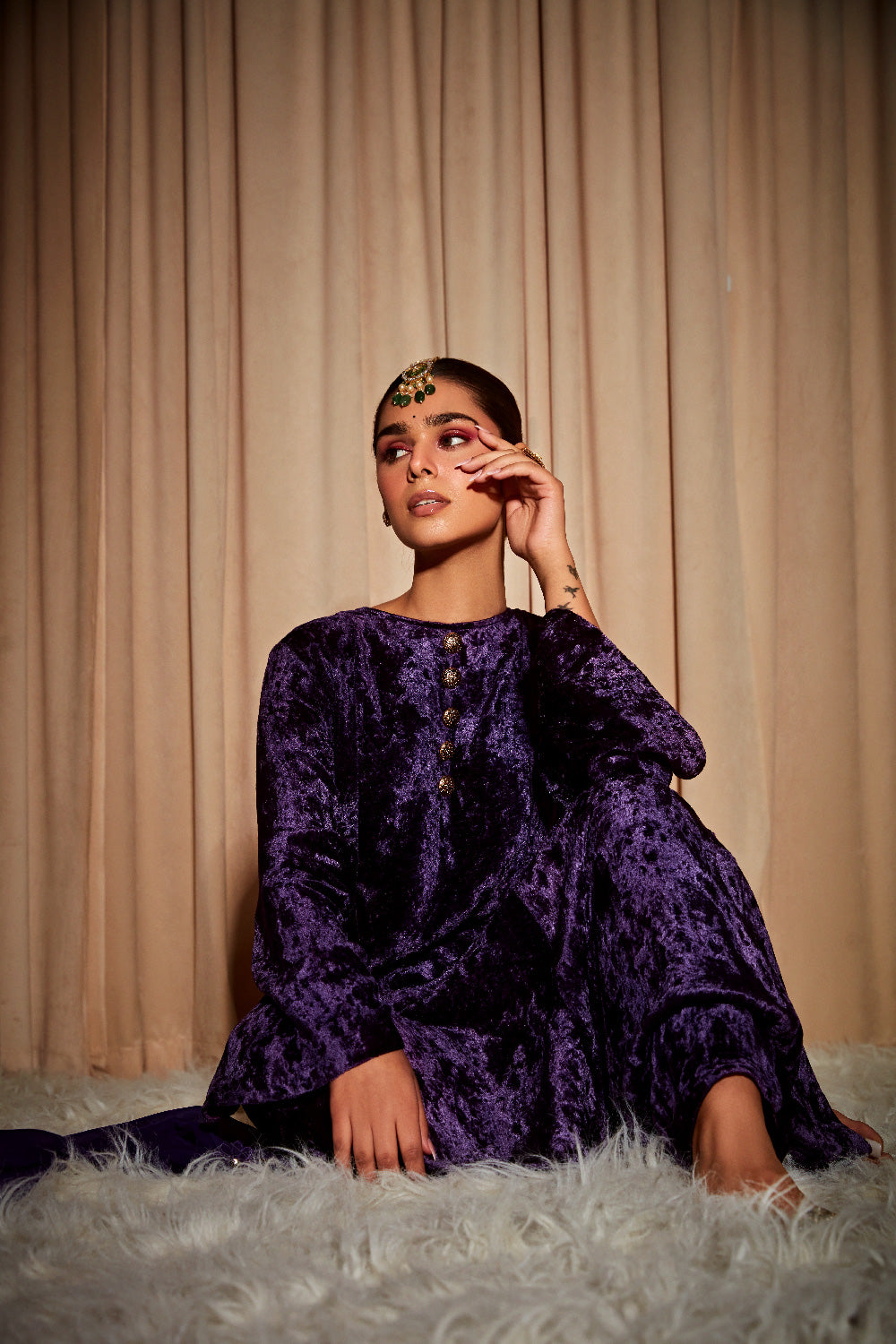 NAZARAH DEEP PURPLE VELVET A-LINE HANDCRAFTED KURTA SET