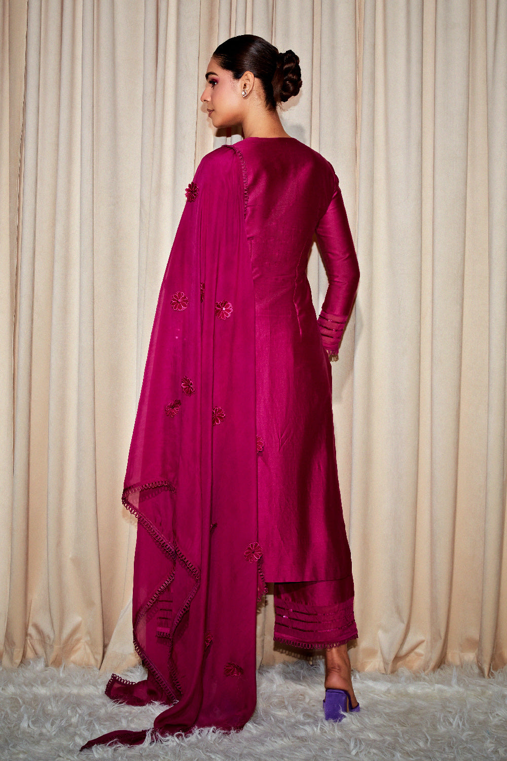 SABA PLUM SILK CHANDERI HANDCRAFTED KURTA SET