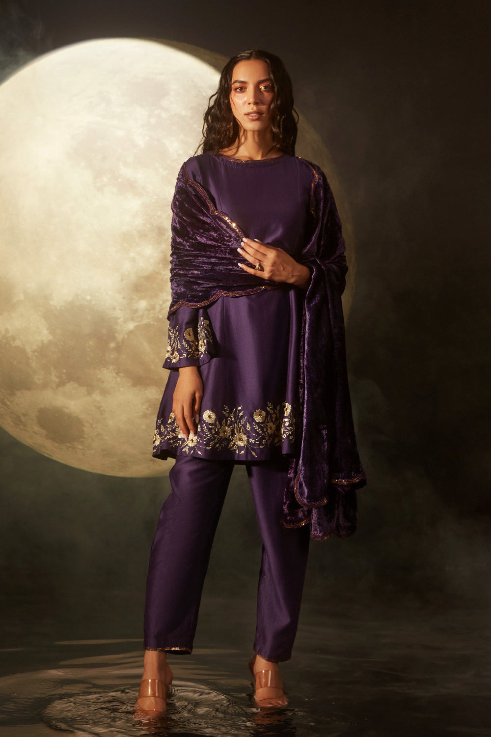 MONA SINGH IN SUKOON DEEP PURPLE SILK CHANDERI KURTA SET WITH VELVET SHAWL