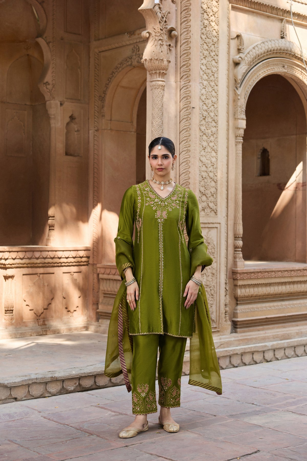 RAAGINI SILK CHANDERI HANDCRAFTED OLIVE GREEN STRAIGHT KURTA SET