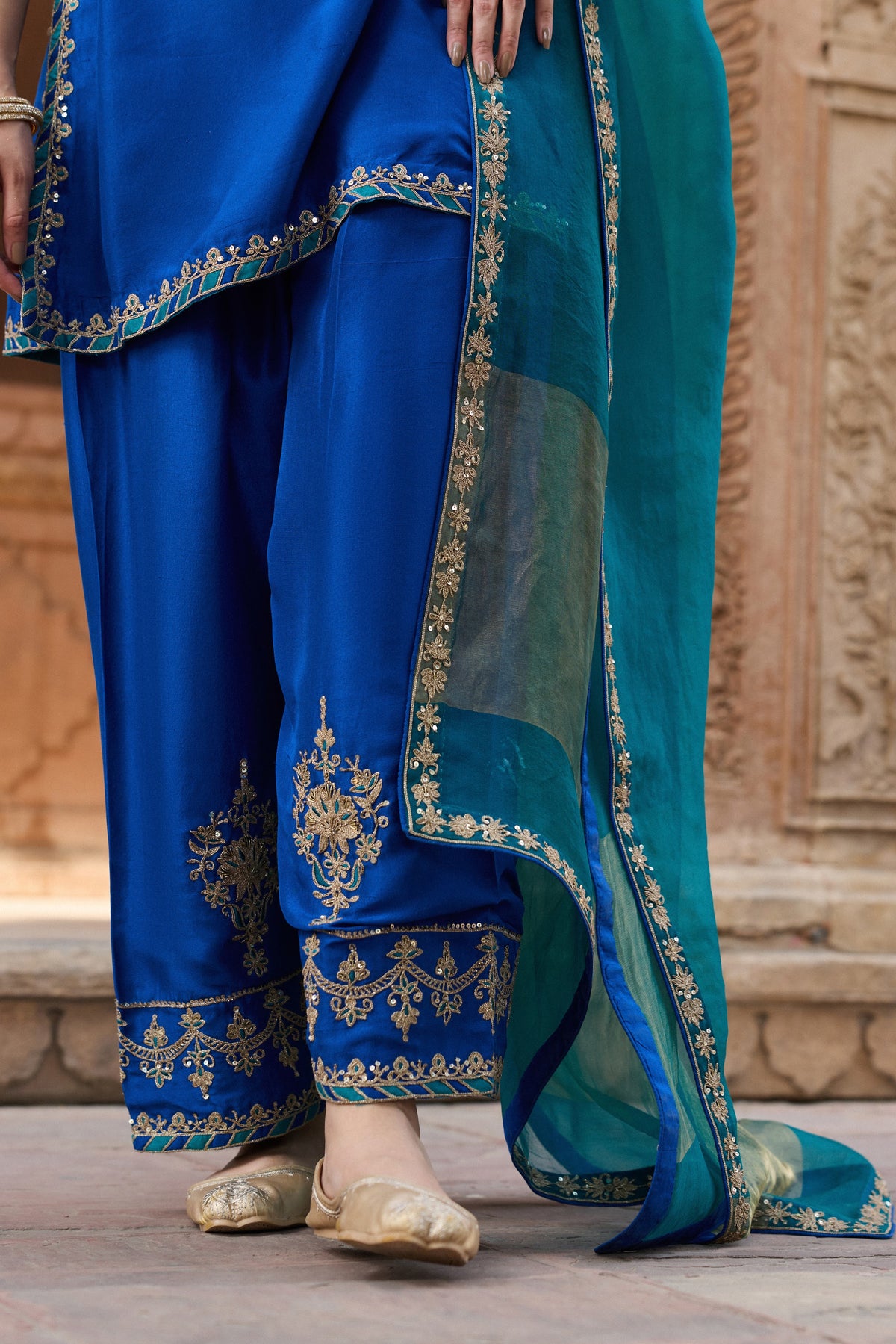 MEHRUNISA PURE SILK HANDCRAFTED ROYAL BLUE KURTA SET WITH FARSHI SALWAR