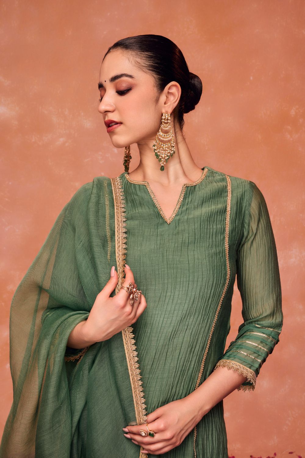 RUMI GREEN COTTON SILK CHANDERI KURTA SET