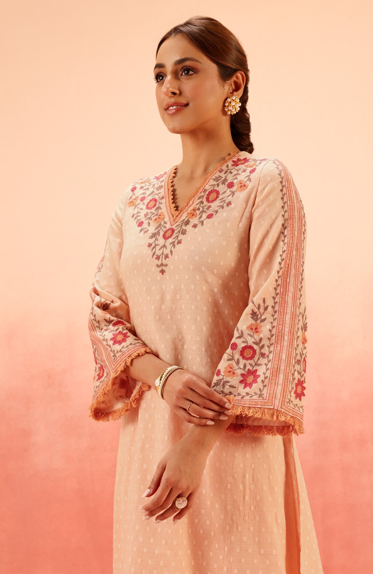 Sahiba Bali in RESHM CORAL JACQUARD EMBROIDERED KURTA SET