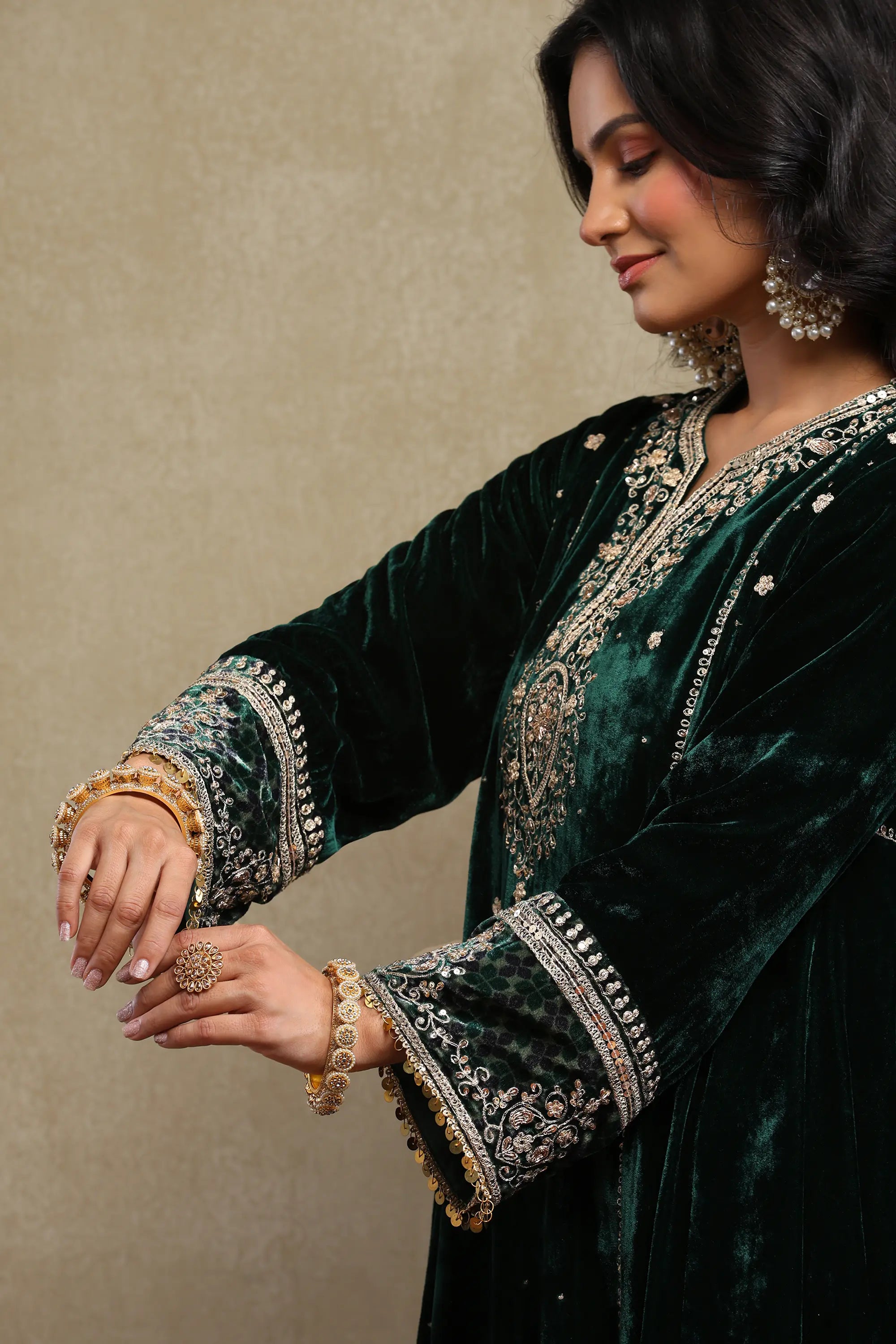 Sahira Forest Green Embroidered Silk Velvet A-Line Kurta Set