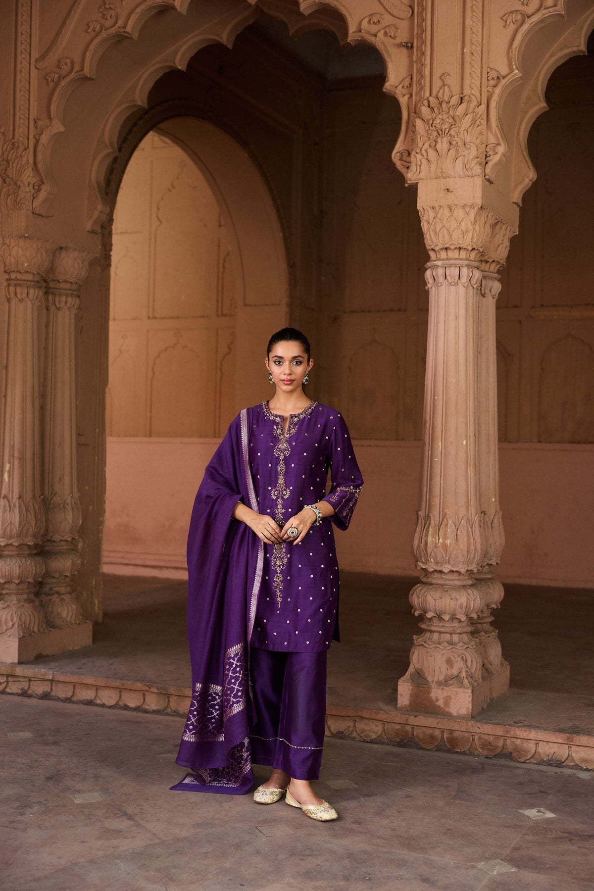 VEDA BANARASI CHANDERI JACQUARD HANDCRAFTED PURPLE STRAIGHT KURTA SET